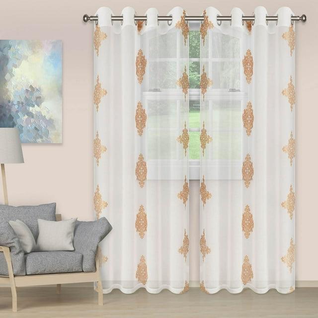 Damask Semi-Sheer 2-Piece Curtain Panel Set with Stainless Grommet Header, 52" x 63", Gold - Blue Nile Mills