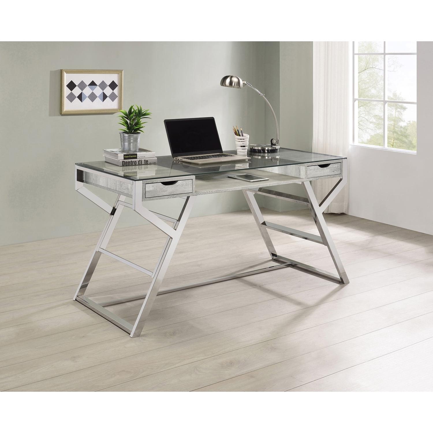 Gray Driftwood and Chrome Glass Top Writing Desk with 2 Drawers