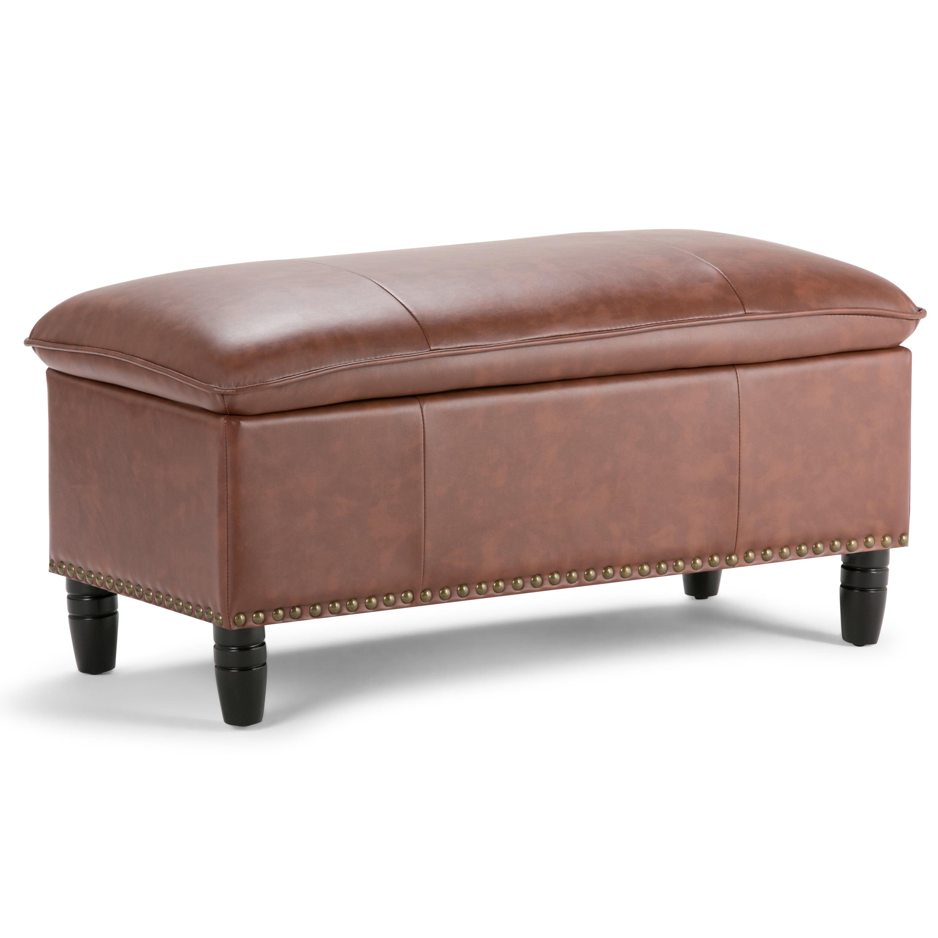 Cognac Faux Leather Pillow Top Storage Ottoman Bench