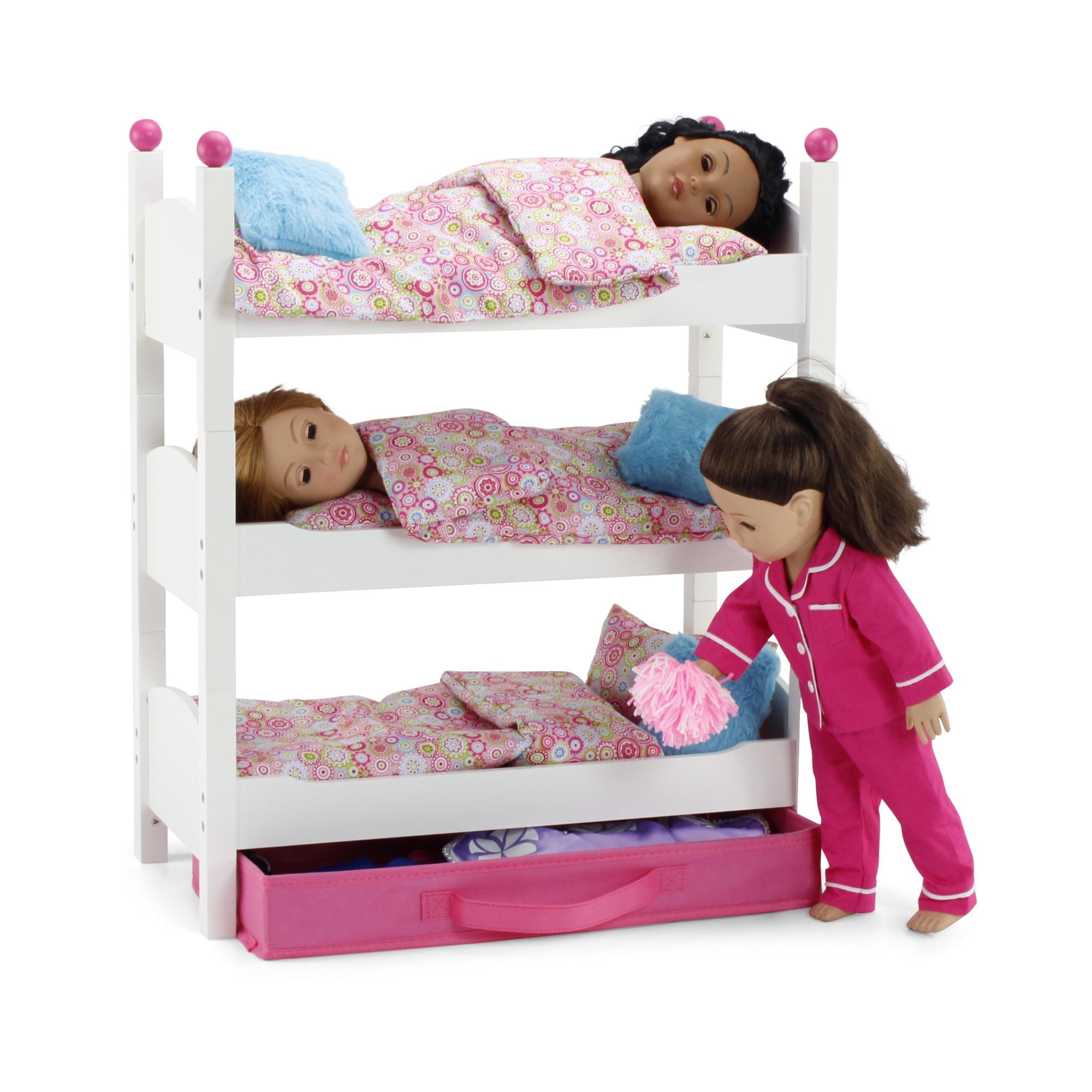 Emily Rose 18 Inch Doll Clothes Bunk - 18" Doll Stackable Triple Bunkbed Gift Set  | 18" Doll Bed with Doll Clothing Storage Drawer and 3 - 4 PC Doll Bedding Accessory Sets | Fits American Girl Dolls