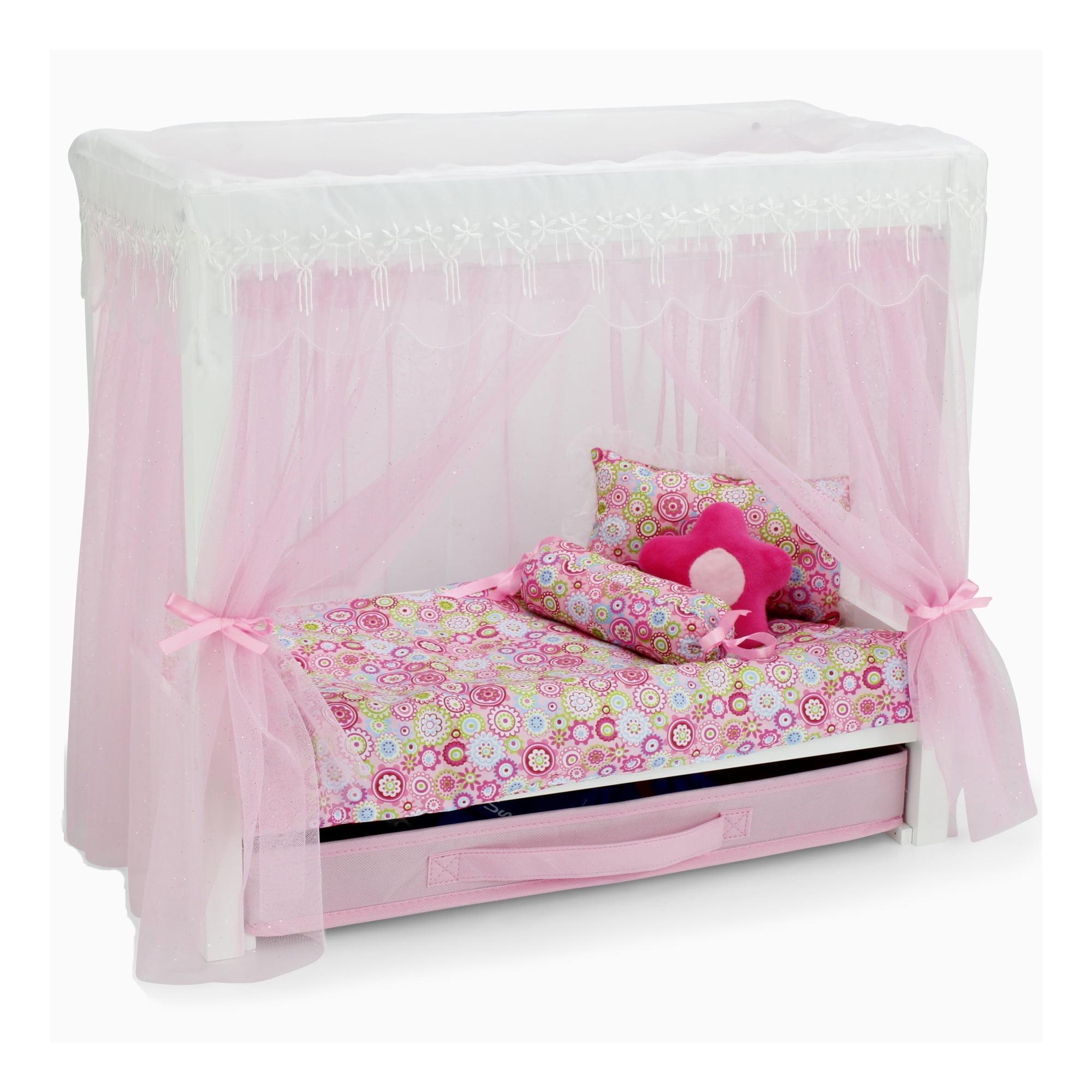 Emily Rose 18 Inch Doll Furniture | 18" Doll Canopy Single Bed with Doll Clothes Storage Drawer | Doll Bed Includes a 5 Piece Colorful Bedding Set | Fits 15" - 18" Dolls