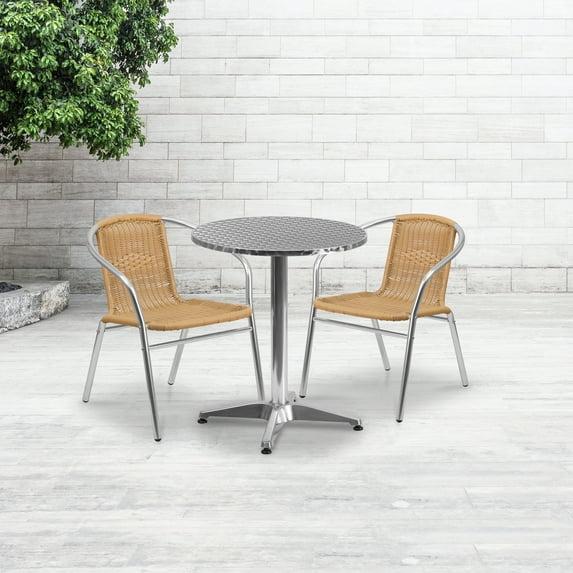 Emma + Oliver 23.5" Round Aluminum Table Set-2 Beige Rattan Chairs