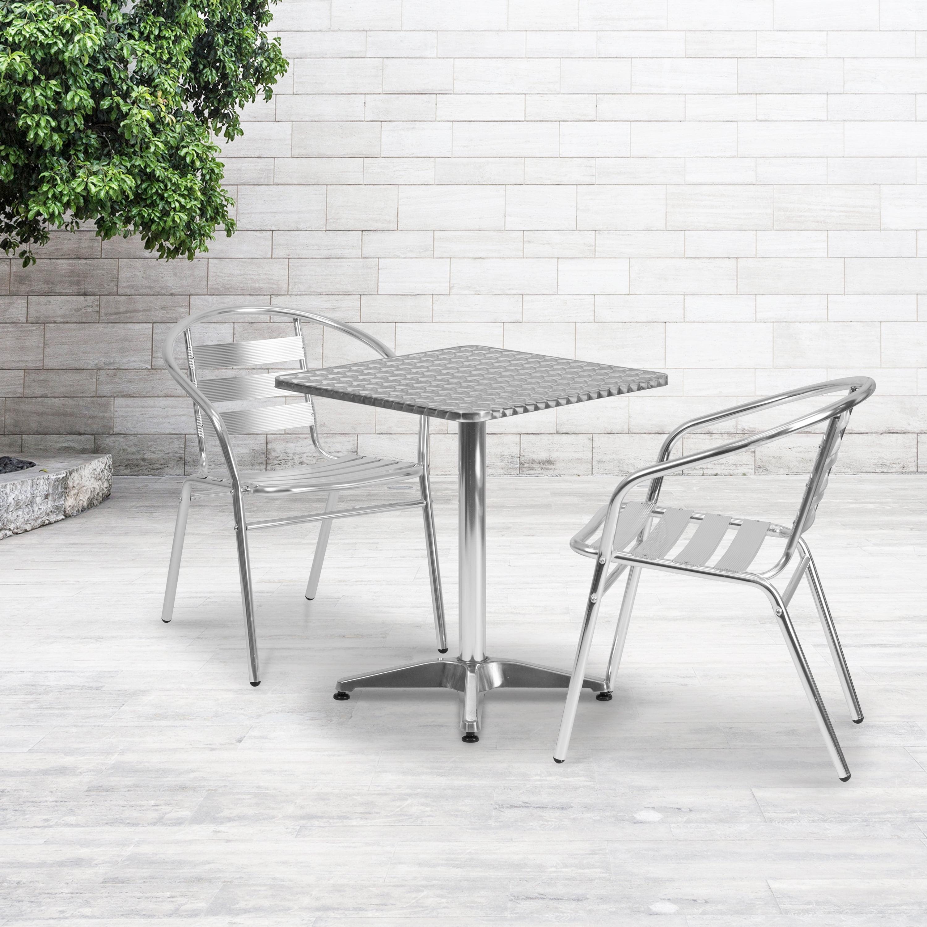 Emma and Oliver 23.5" Square Aluminum Table Set with 2 Slat Back Chairs