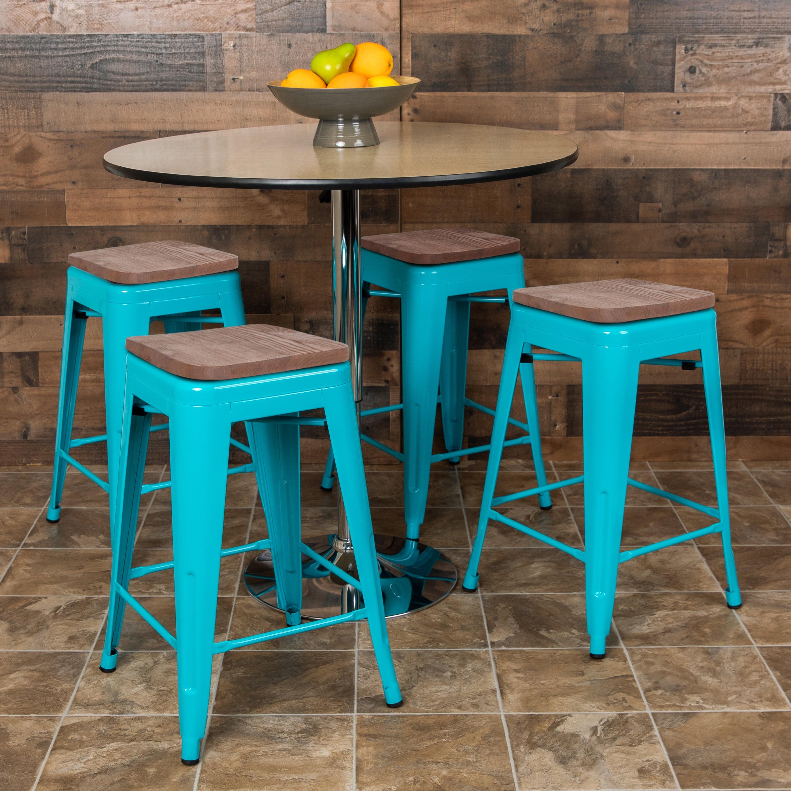 Emma and Oliver 24" High Metal Counter-Height, Indoor Bar Stool with Wood Seat - Stackable Set of 4