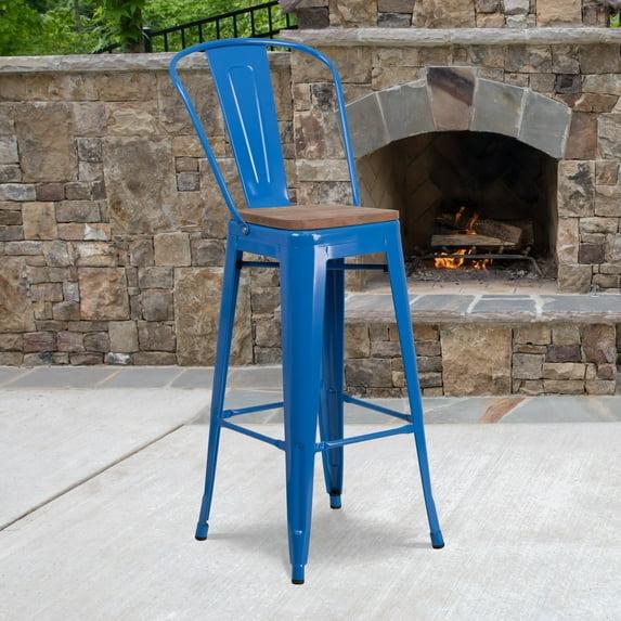 Emma and Oliver 30"H Blue Metal Barstool with Back and Wood Seat