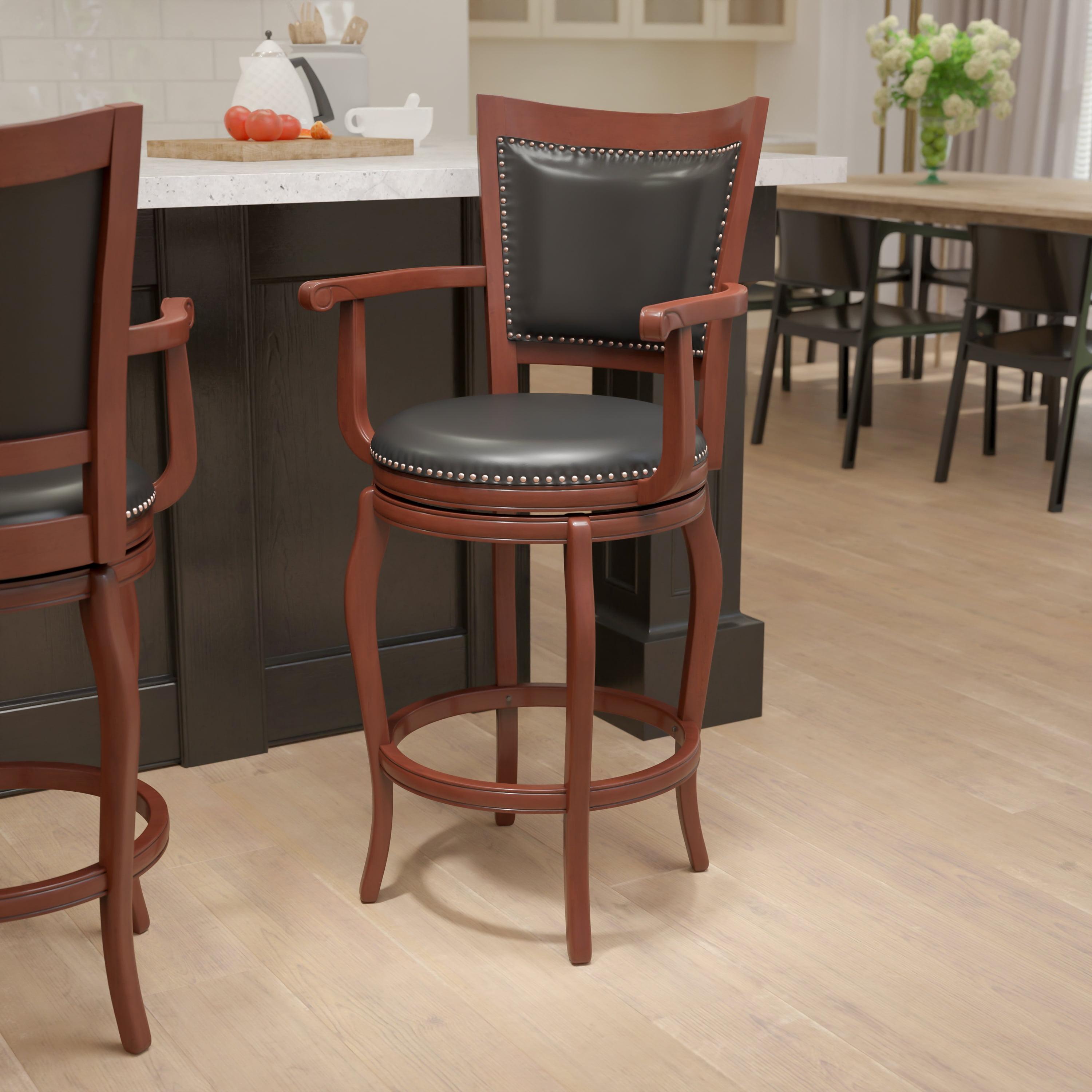 Emma and Oliver 30"H Cherry Wood Panel Back Swivel Barstool with Arms