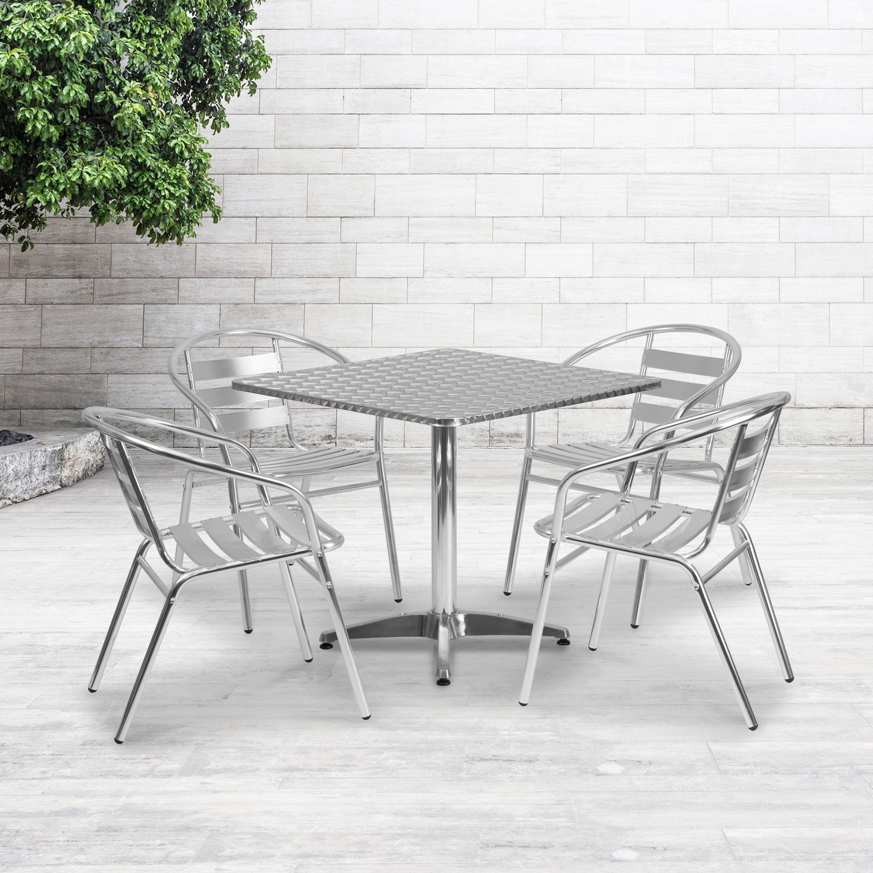 Emma and Oliver 31.5" Square Aluminum Table Set with 4 Slat Back Chairs