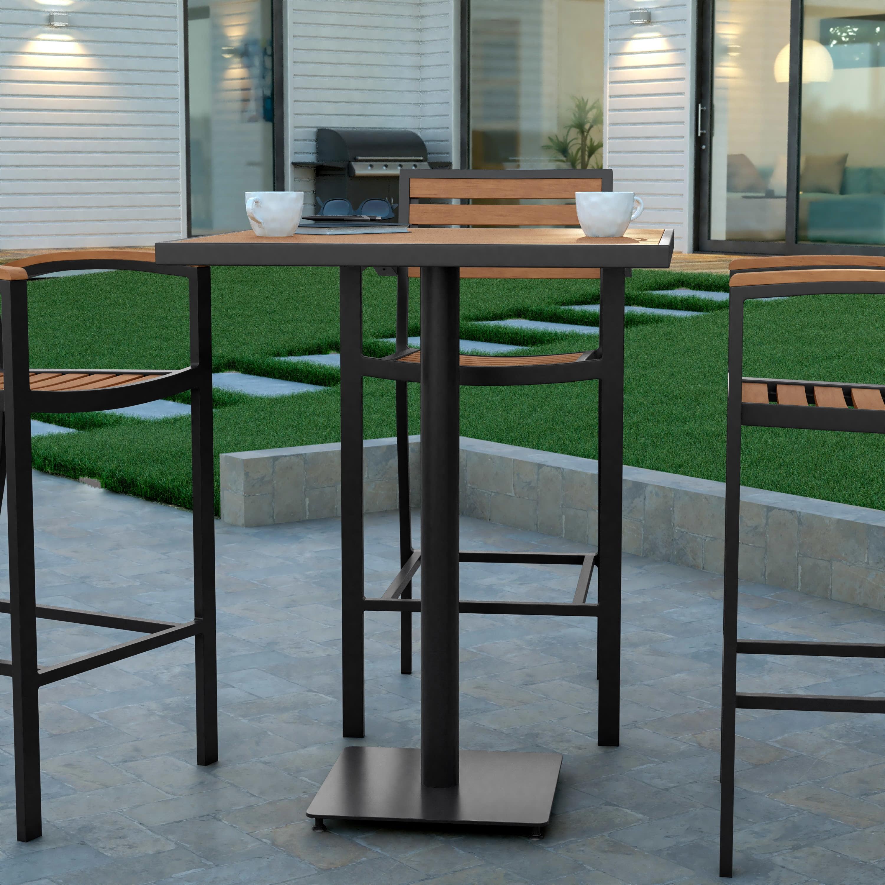 Emma and Oliver Outdoor Bar Height Table with Faux Teak Poly Slats