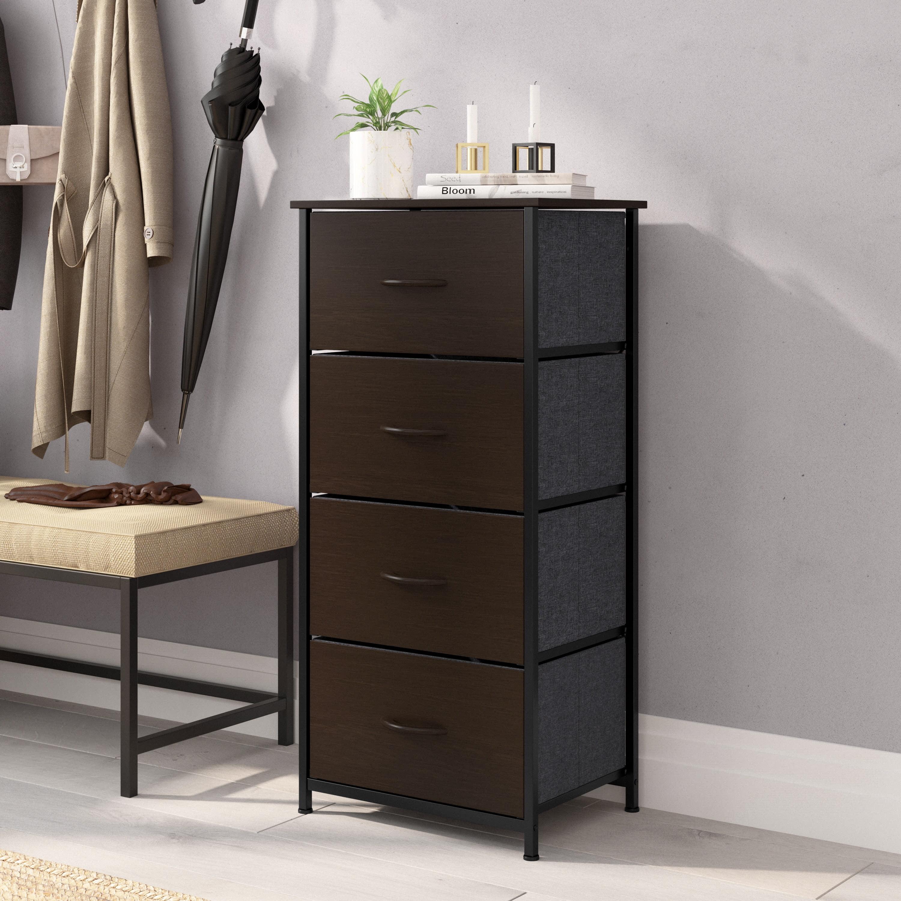 Emma and Oliver 4 Drawer Storage Dresser with Cast Iron Frame, Wood Top and Easy Pull Engineered Wood Drawers with Wooden Handles