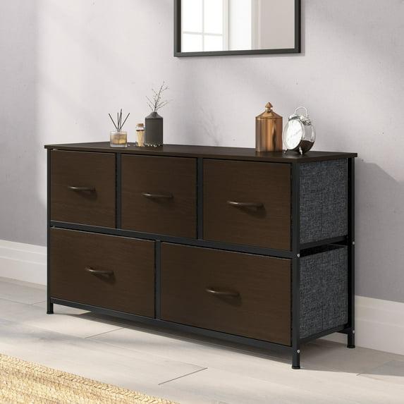 Emma and Oliver 5 Drawer Storage Dresser with Black Cast Iron Frame, Brown Wood Top and Brown Easy Pull Engineered Wood Drawers with Wooden Handles