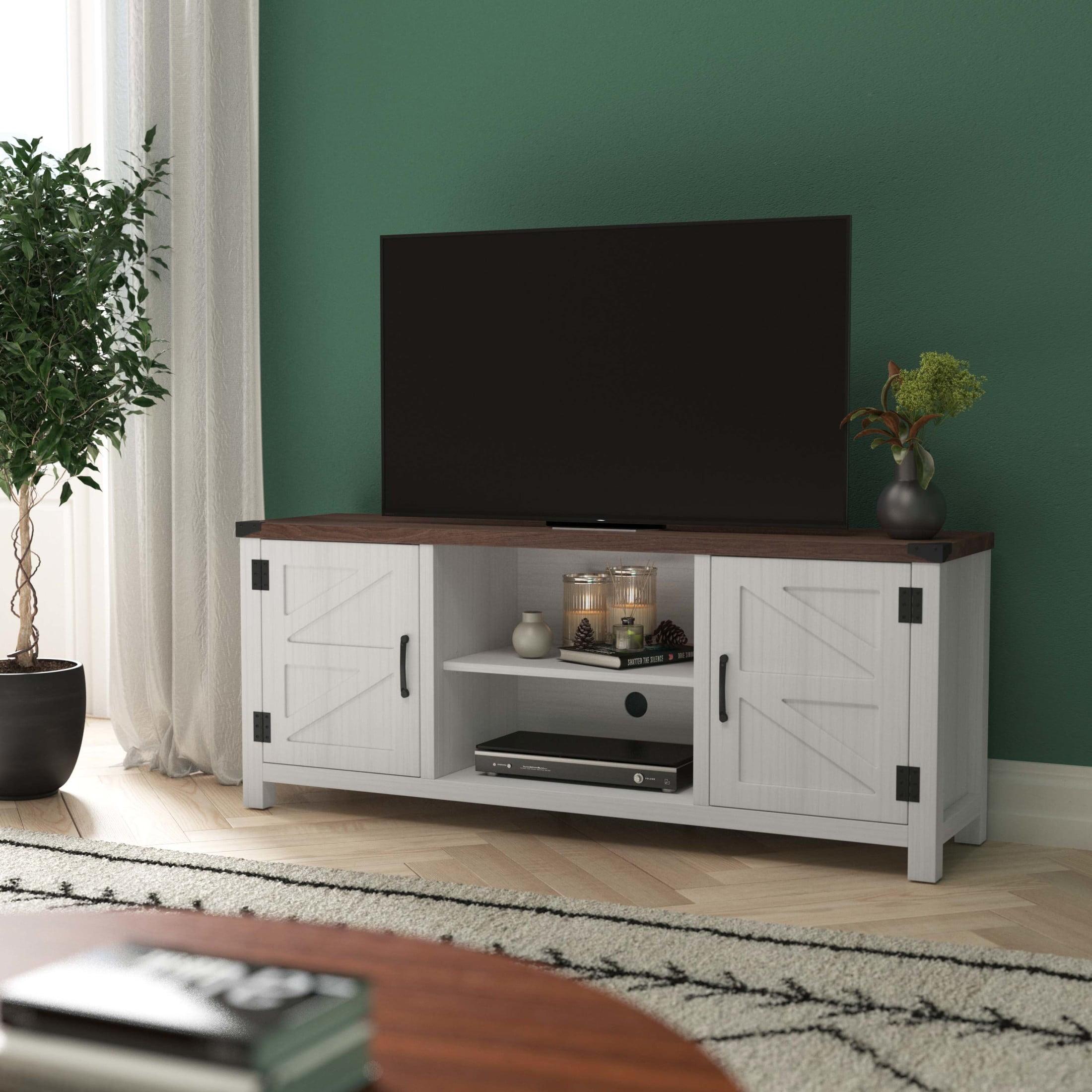 Emma + Oliver Barn Door Style TV Stand for up to 65" TV's - White Wash with Walnut Top Entertainment Center - 59" Media Console with Adjustable Middle Shelf