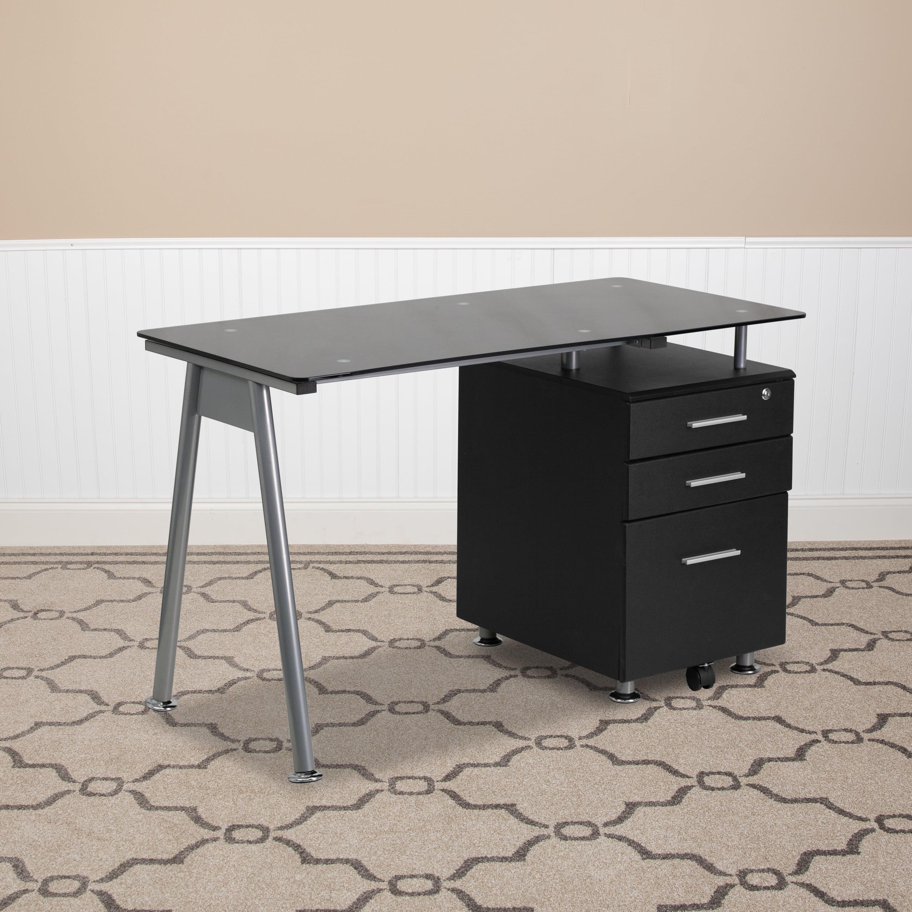 Emma and Oliver Black Glass Computer Desk with Three Drawer Pedestal