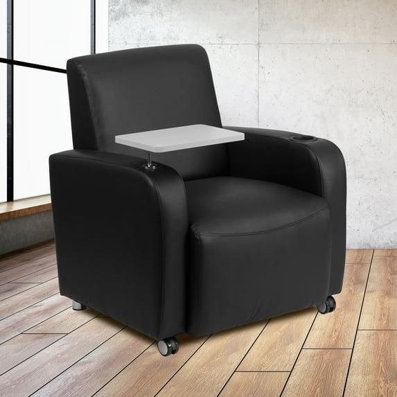 Emma and Oliver Black LeatherSoft Tablet Arm Chair, Front Wheel Casters and Cup Holder
