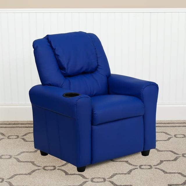Emma and Oliver Blue Vinyl Kids Recliner with Cup Holder and Headrest