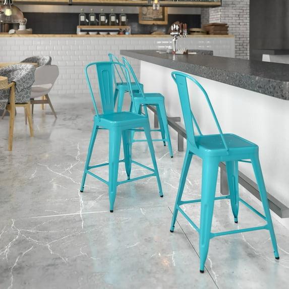 Emma and Oliver Commercial Grade 24"H Teal-Blue Metal Indoor-Outdoor Counter Stool w/ Back