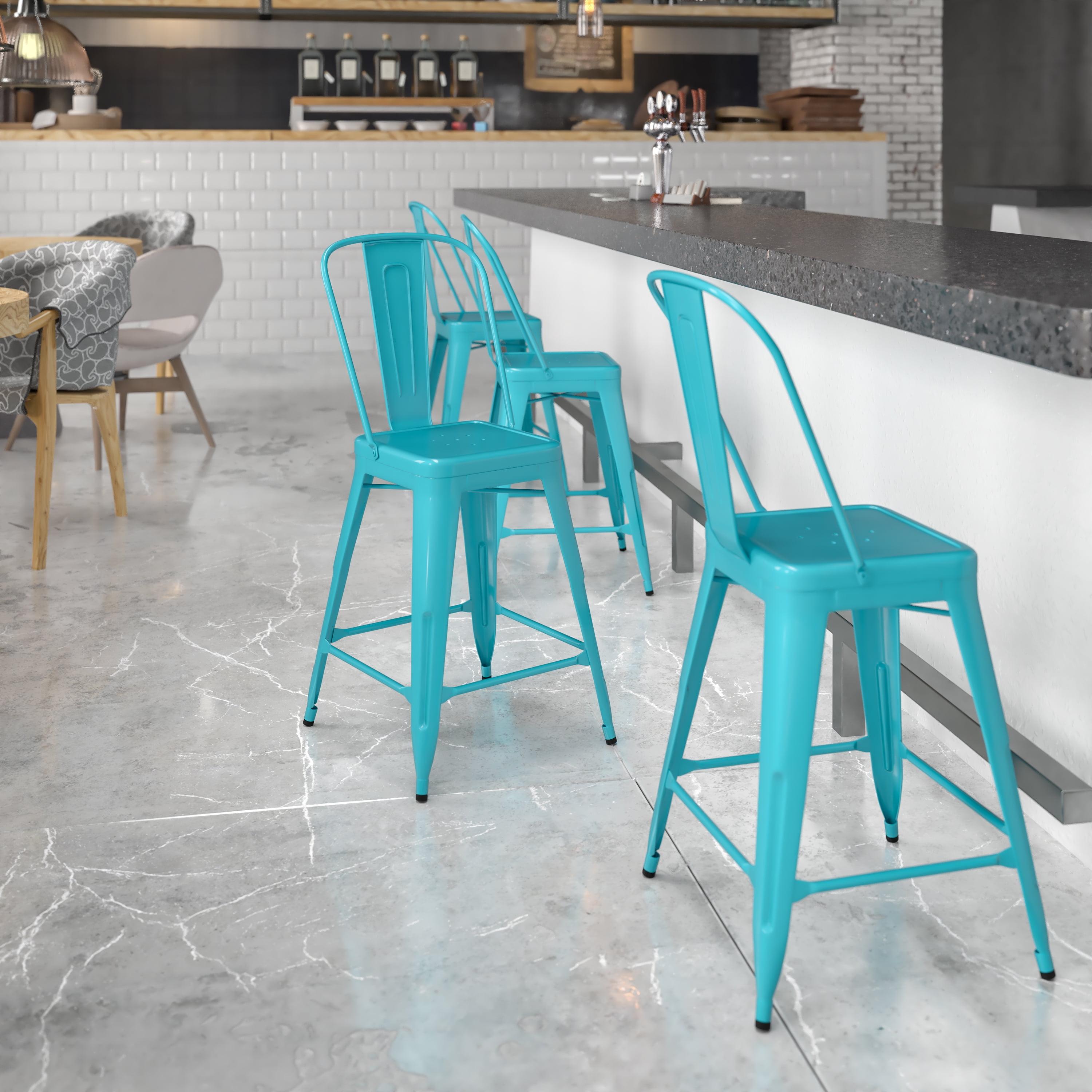 Emma and Oliver Commercial Grade 24"H Teal-Blue Metal Indoor-Outdoor Counter Stool w/ Back