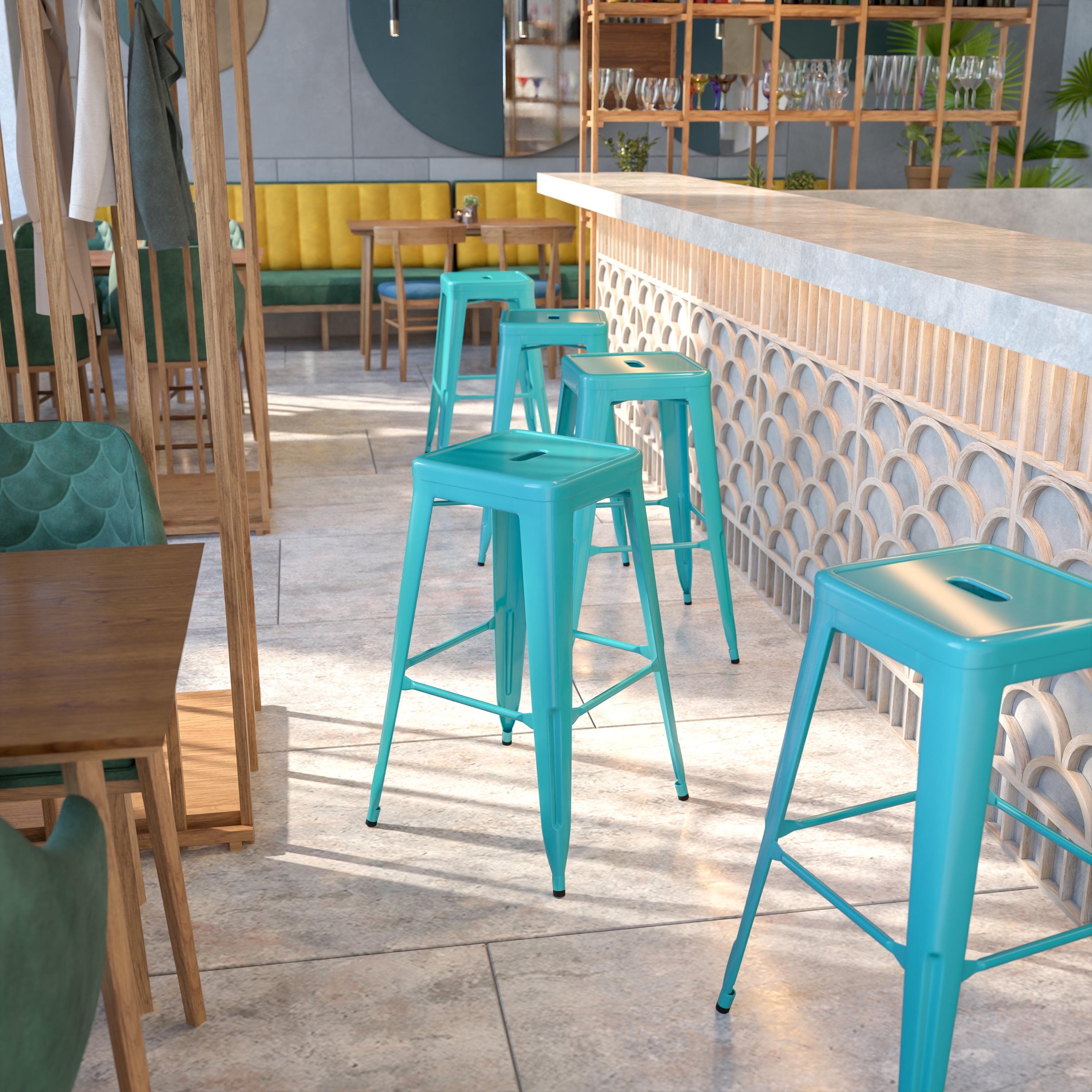 Emma and Oliver Commercial Grade 30"H Backless Teal-Blue Indoor-Outdoor Barstool