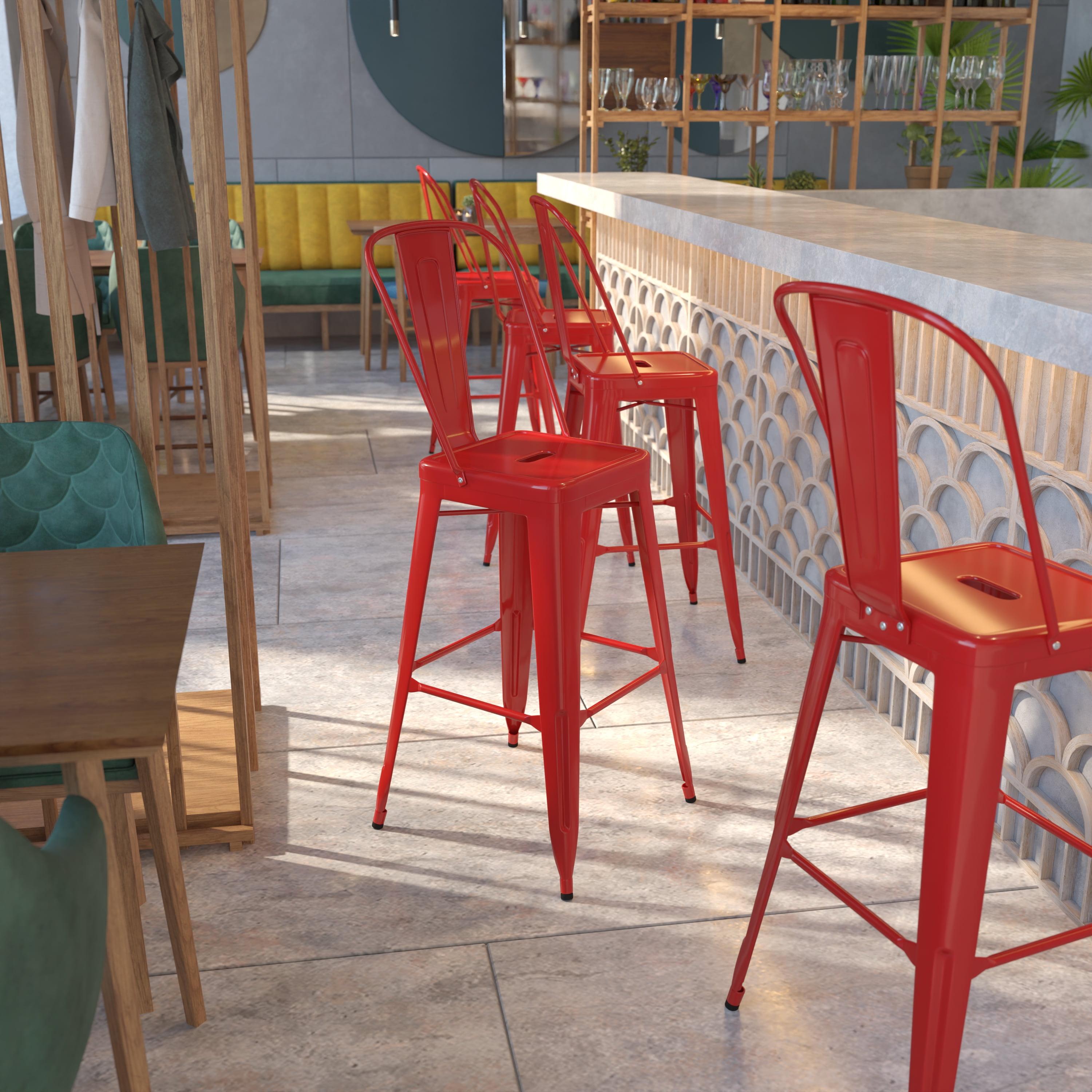 Emma and Oliver Commercial Grade 30"H Red Metal Indoor-Outdoor Barstool with Back