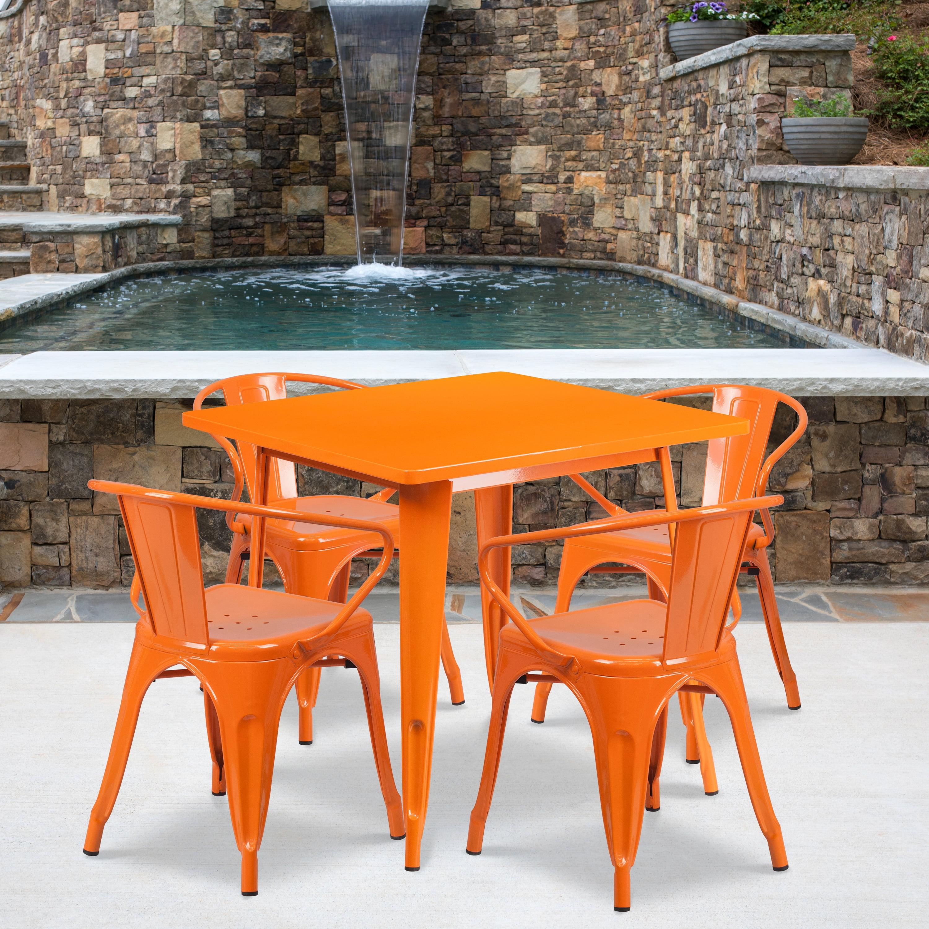 Emma and Oliver Commercial Grade 31.5" Square Orange Metal Indoor-Outdoor Table Set-4 Arm Chairs