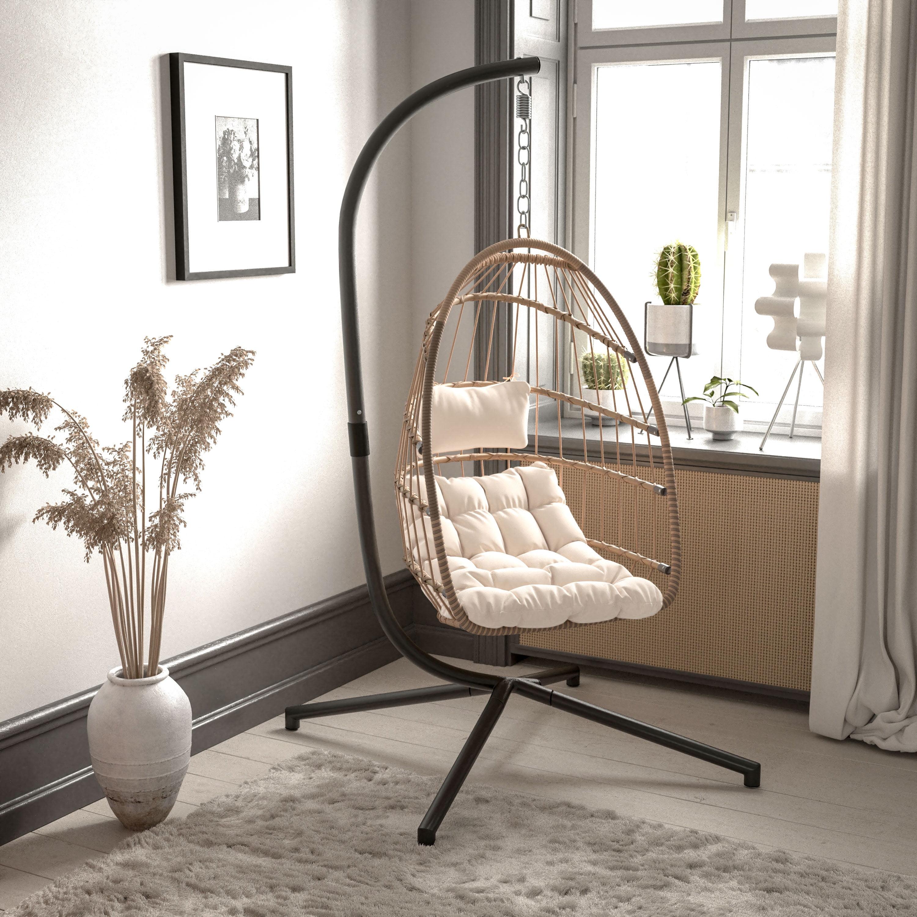 Emma and Oliver Foldable Hanging Egg Chair with Natural Woven Finish, Removable Cream Cushions, and Included Stand for Indoor and Outdoor Use