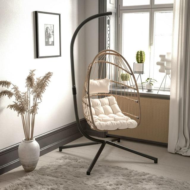 Emma and Oliver Foldable Hanging Egg Chair with Natural Woven Finish, Removable Cream Cushions, and Included Stand for Indoor and Outdoor Use