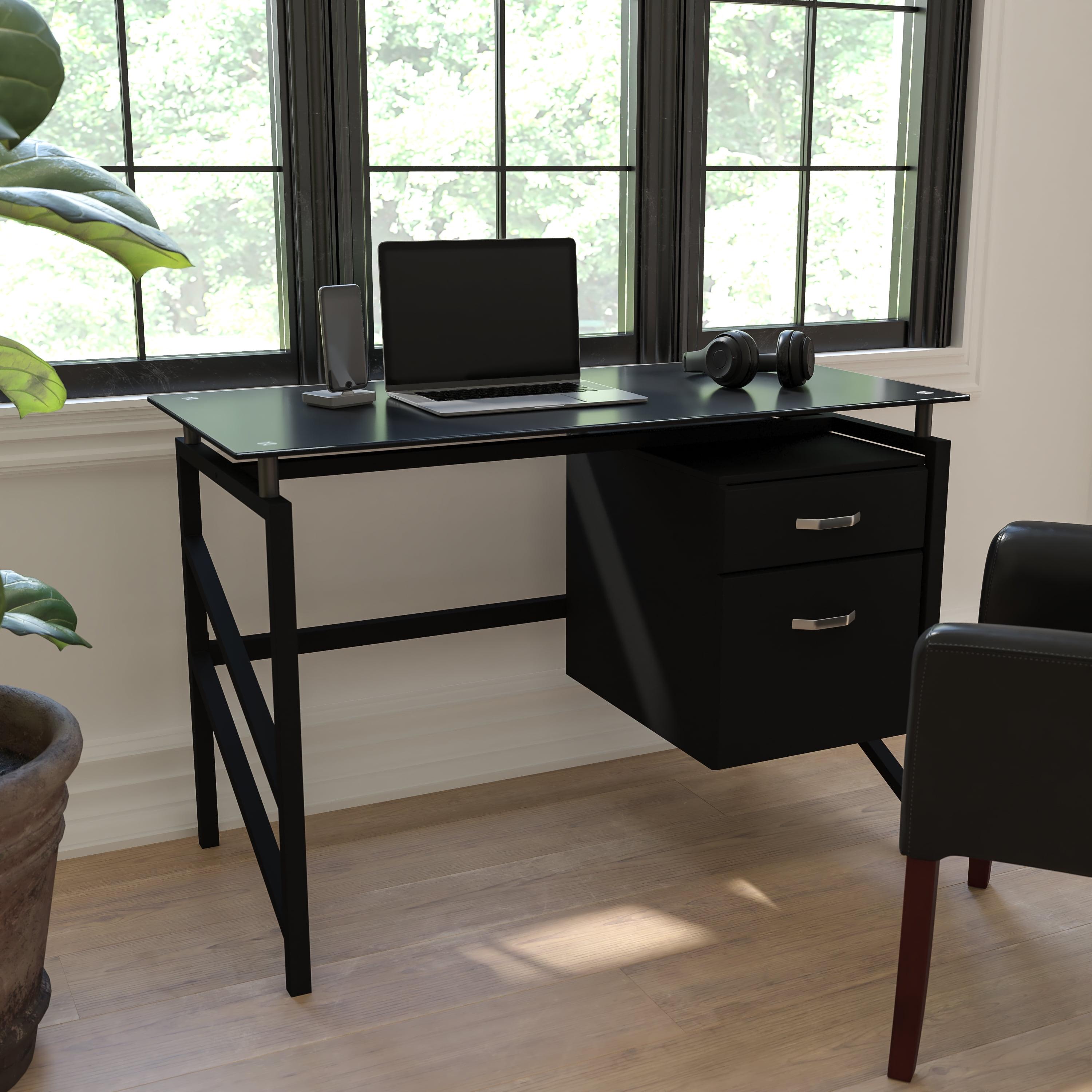 Sleek Black Tempered Glass Desk with File Drawer Pedestal