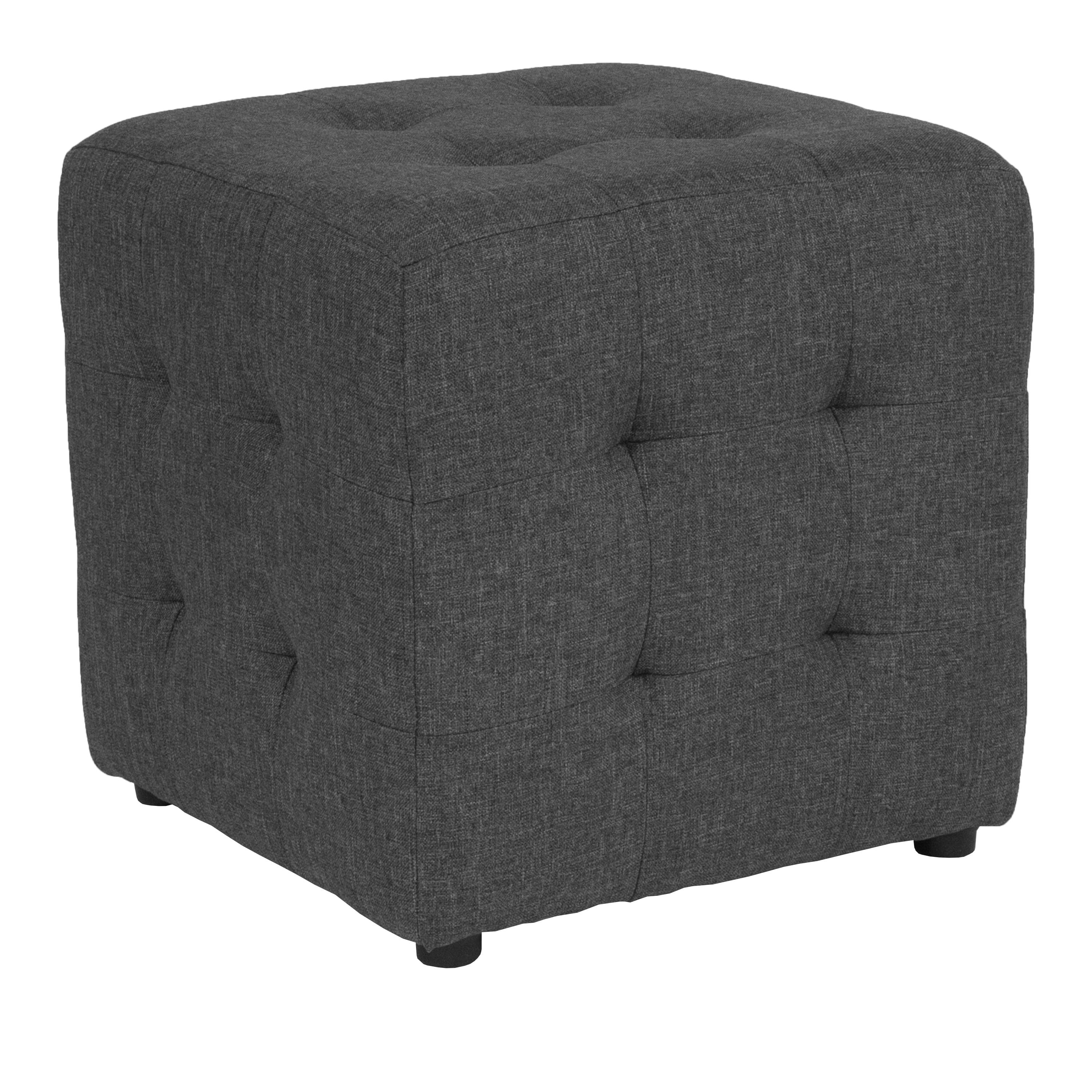 Dark Gray Tufted Upholstered Cube Ottoman Pouf