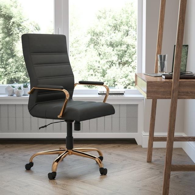 Flash Furniture High Back Black LeatherSoft Executive Swivel Office Chair with Gold Frame and Arms