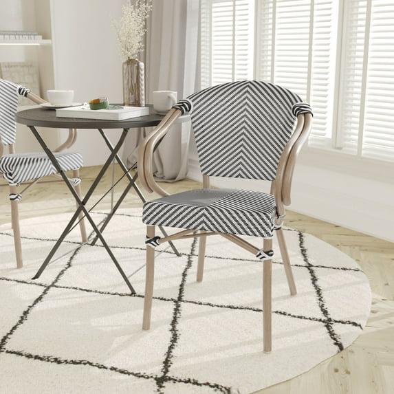 Emma & Oliver Massalia Indoor/Outdoor Stacking Thonet Bistro Chair w/ Arms, Black & White Textilene Seat & LT Natural Bamboo Finished Metal Frame