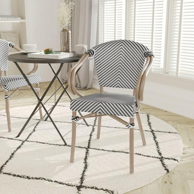 Emma & Oliver Massalia Indoor/Outdoor Stacking Thonet Bistro Chair w/ Arms, Black & White Textilene Seat & LT Natural Bamboo Finished Metal Frame