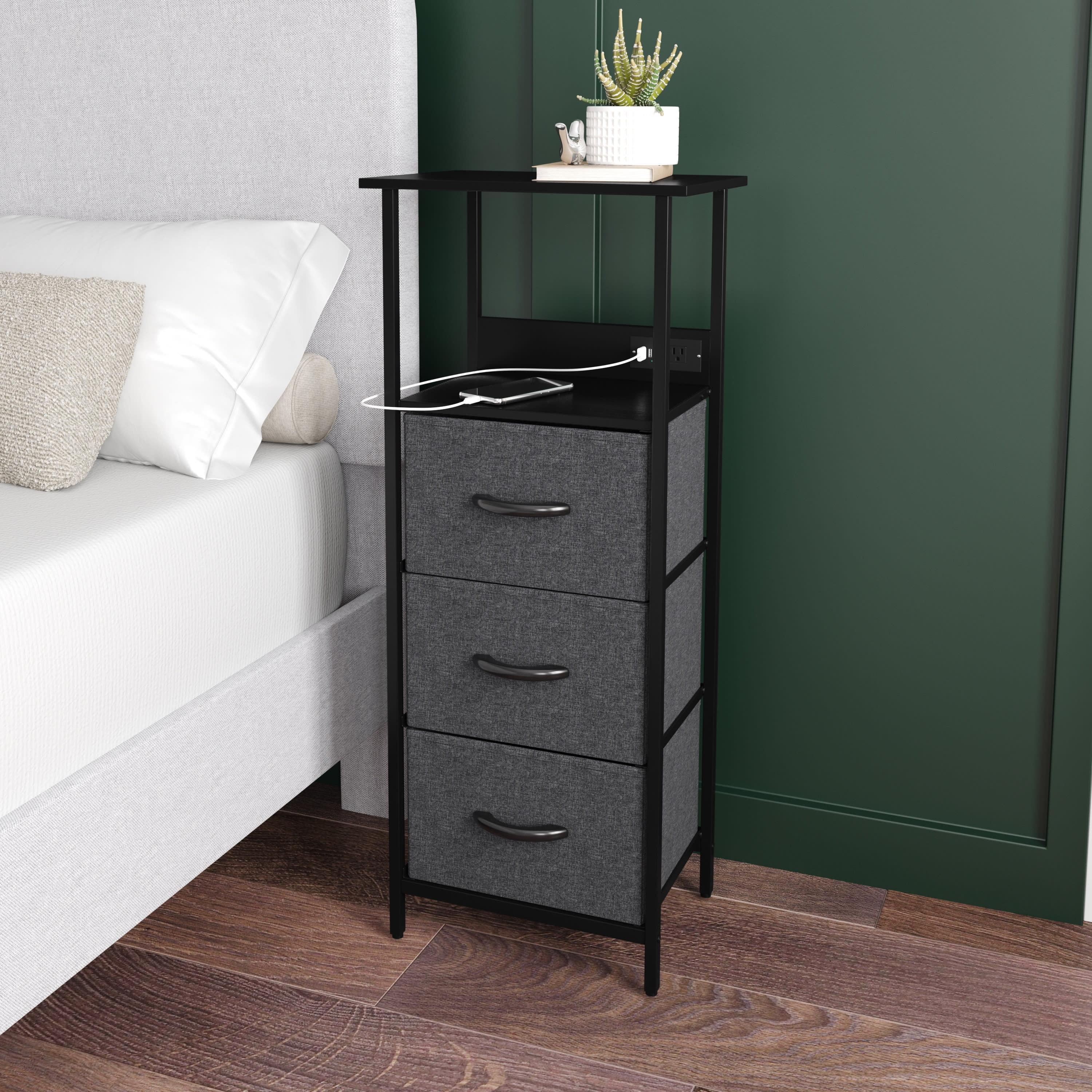 Emma and Oliver Charging Nightstand with 3 Fabric Drawers, 2 USB Ports, 1 Outlet in Charcoal/Blk