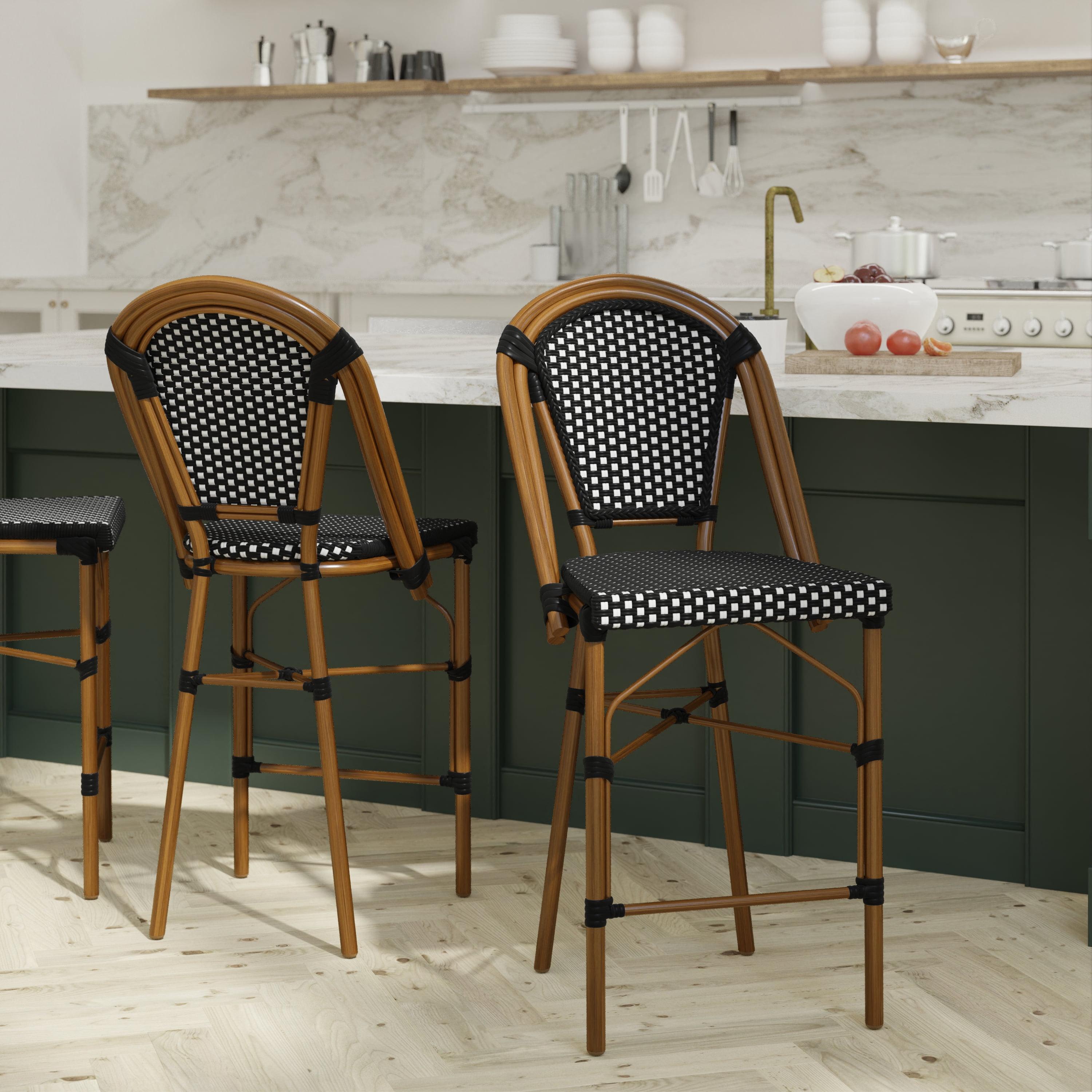 Emma and Oliver Set of Two 26" High Stacking French Bistro Counter Stools with PE Seat and Back and Metal Frames for Indoor/Outdoor Use