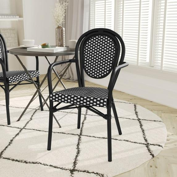 Emma & Oliver Soie Set of 2 Indoor/Outdoor Stacking Thonet Bistro Style Chairs w/ Arms, Navy & White PE Rattan Seat & Nat Bamboo Finished Metal Frame