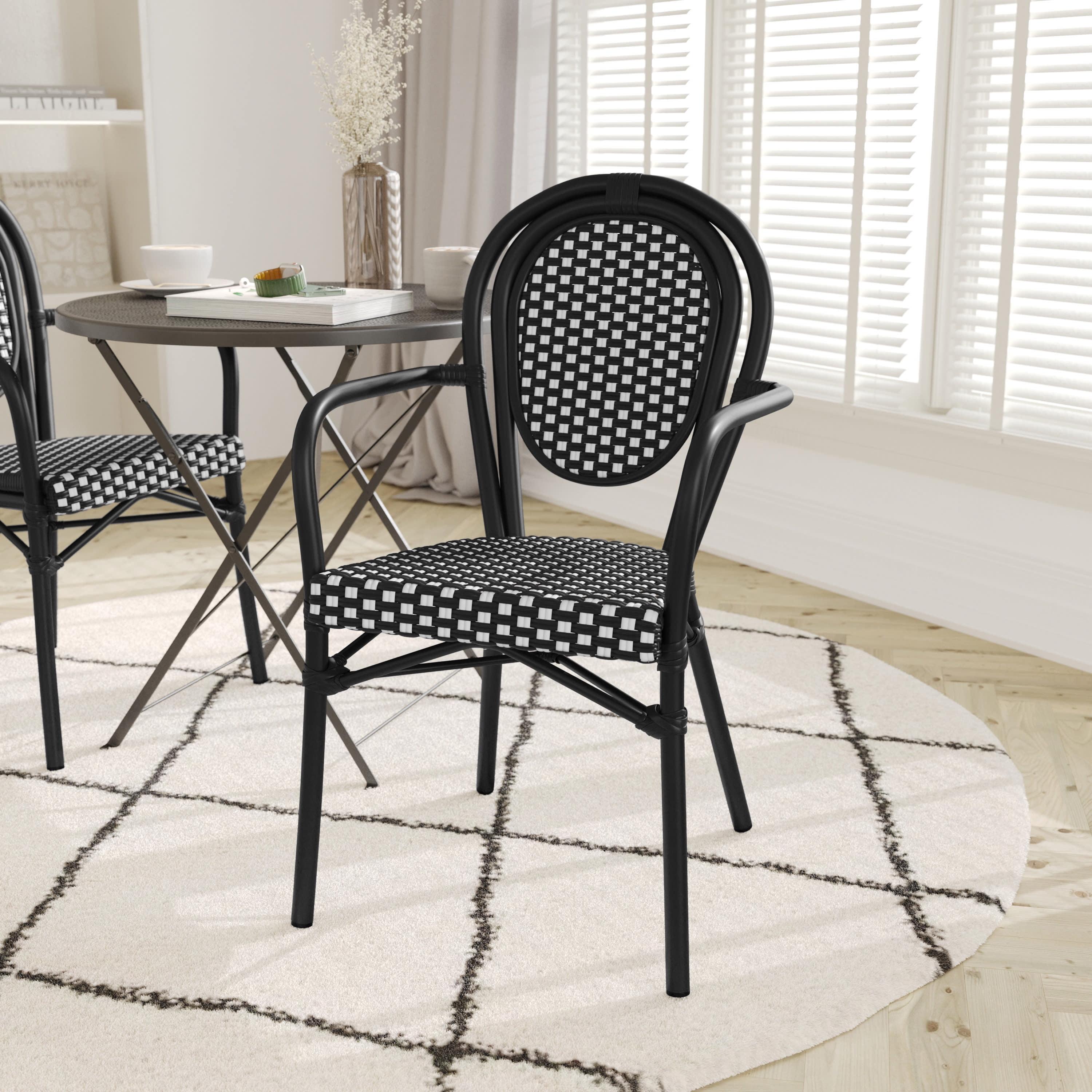 Emma & Oliver Soie Set of 2 Indoor/Outdoor Stacking Thonet Bistro Style Chairs w/ Arms, Navy & White PE Rattan Seat & Nat Bamboo Finished Metal Frame
