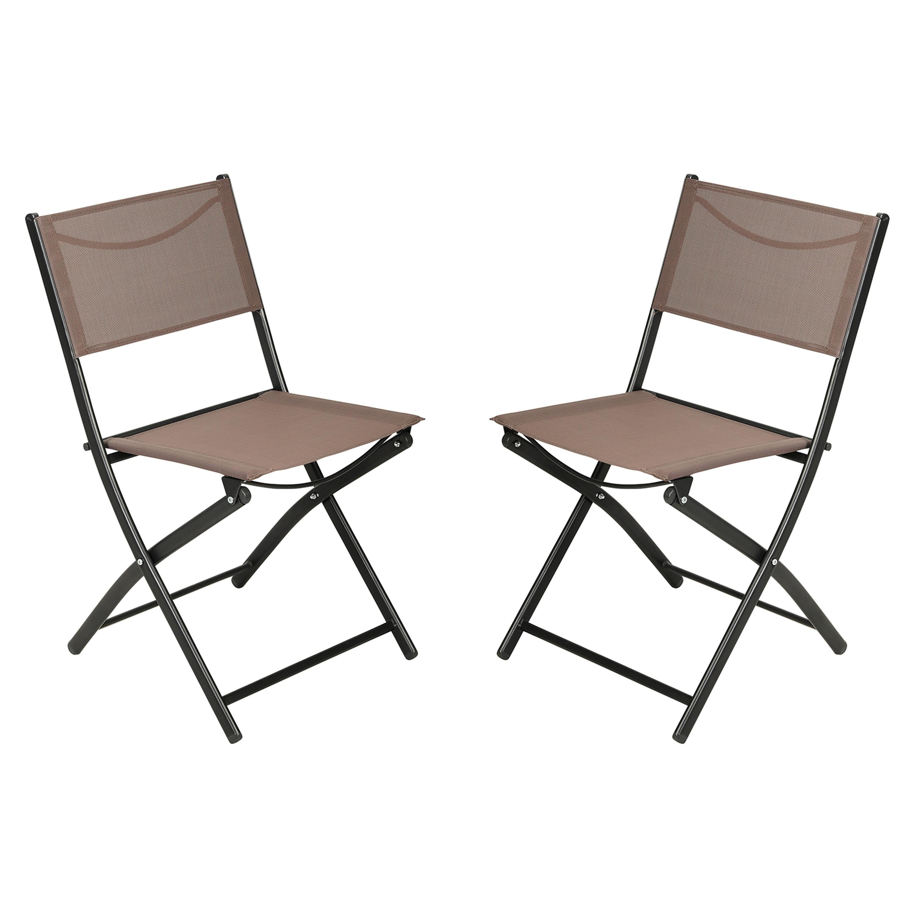 Emma and Oliver Set of 2 Folding Chairs for Indoor/Outdoor Use with Brown Flex Comfort Material and Black Steel Frames