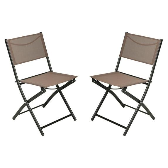Emma and Oliver Set of 2 Folding Chairs for Indoor/Outdoor Use with Brown Flex Comfort Material and Black Steel Frames