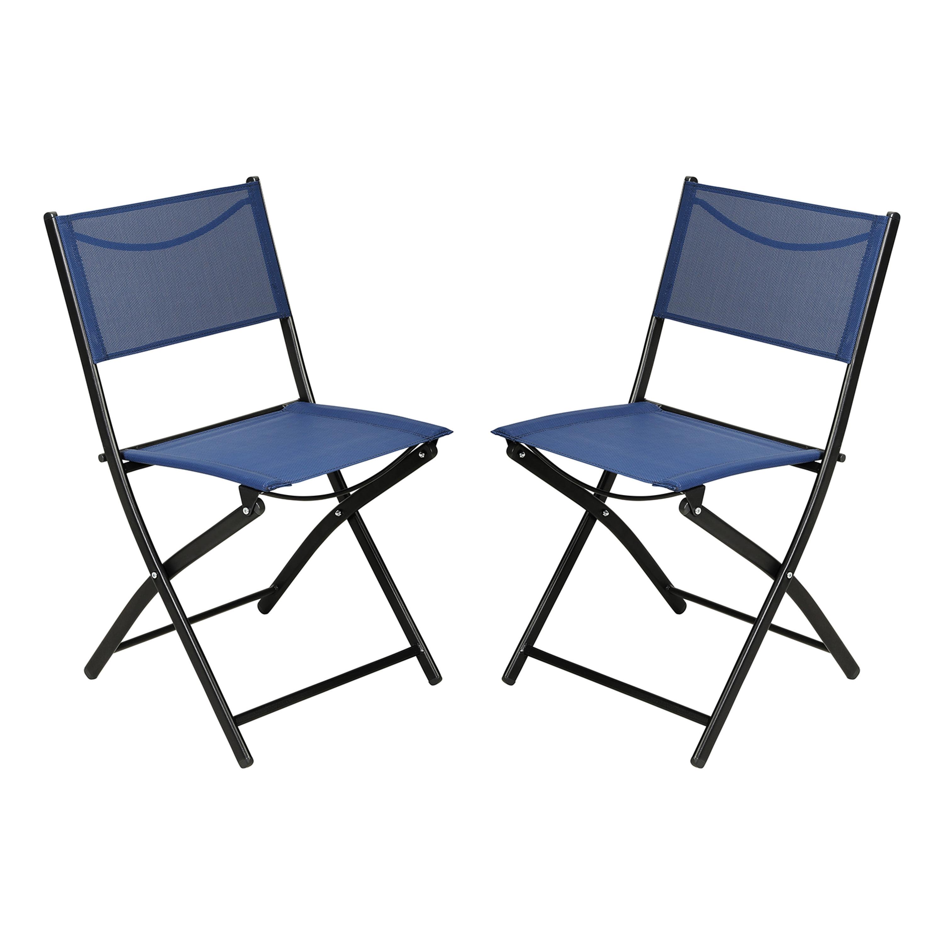 Emma and Oliver Set of 2 Folding Chairs for Indoor/Outdoor Use with Navy Flex Comfort Material and Black Steel Frames