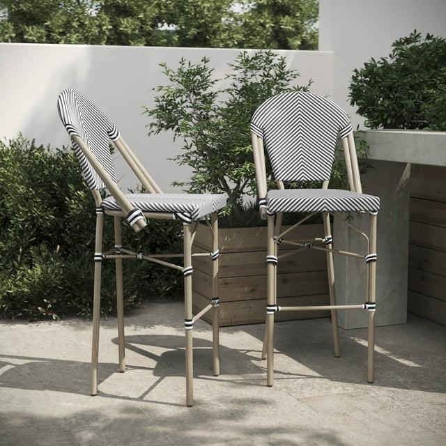 Emma & Oliver Massalia Set of 2 Indoor/Outdoor Bistro 30" High Barstools, Commercial Grade, Black/White and Light Bamboo Finish