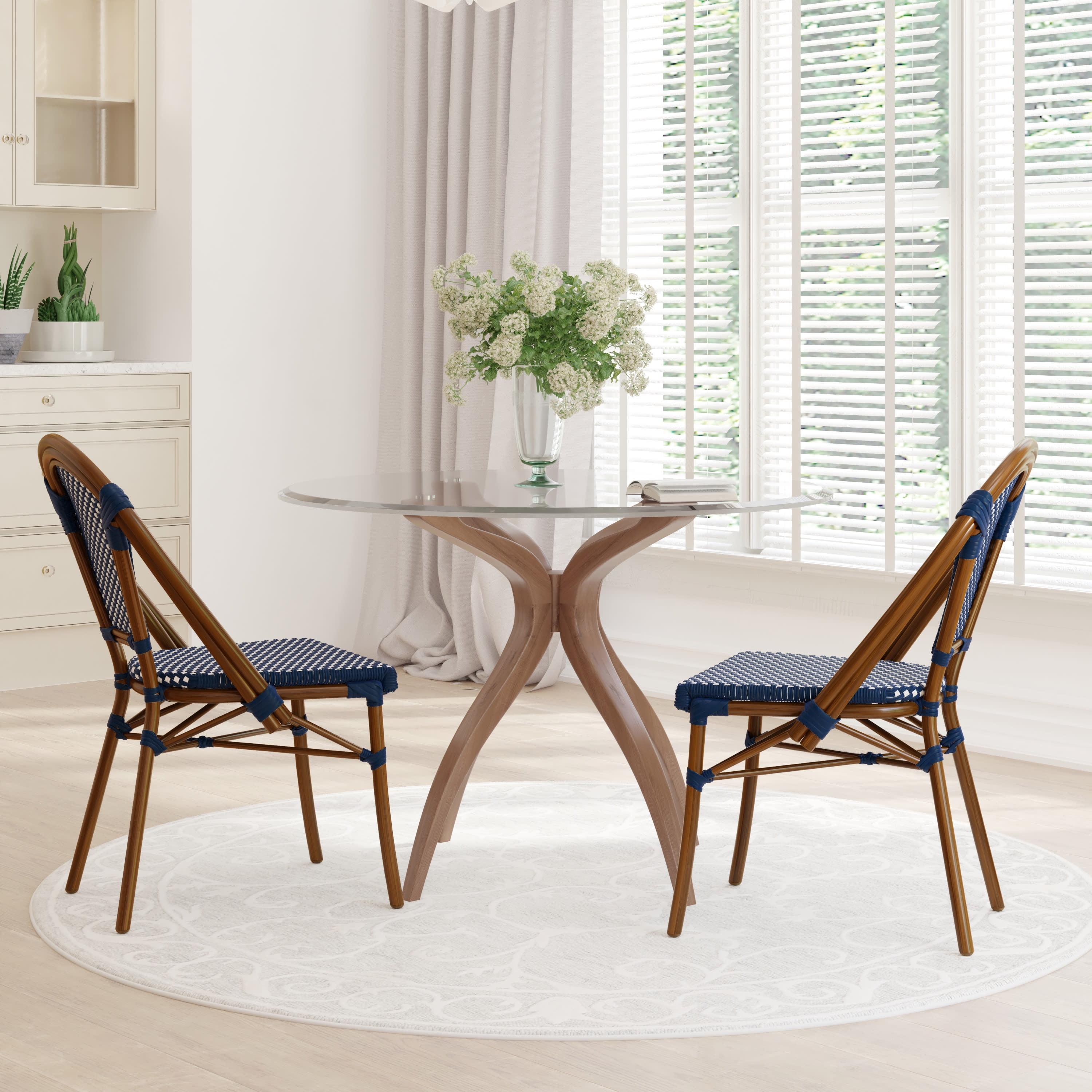Emma & Oliver Soie Set of Two Stacking Bistro Chairs with Navy and White PE Seat and Back and Bamboo Finished Aluminum Frame for Indoor/Outdoor Use