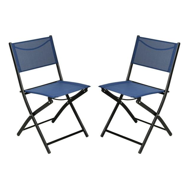 Emma and Oliver Set of 2 Folding Chairs for Indoor/Outdoor Use with Navy Flex Comfort Material and Black Steel Frames