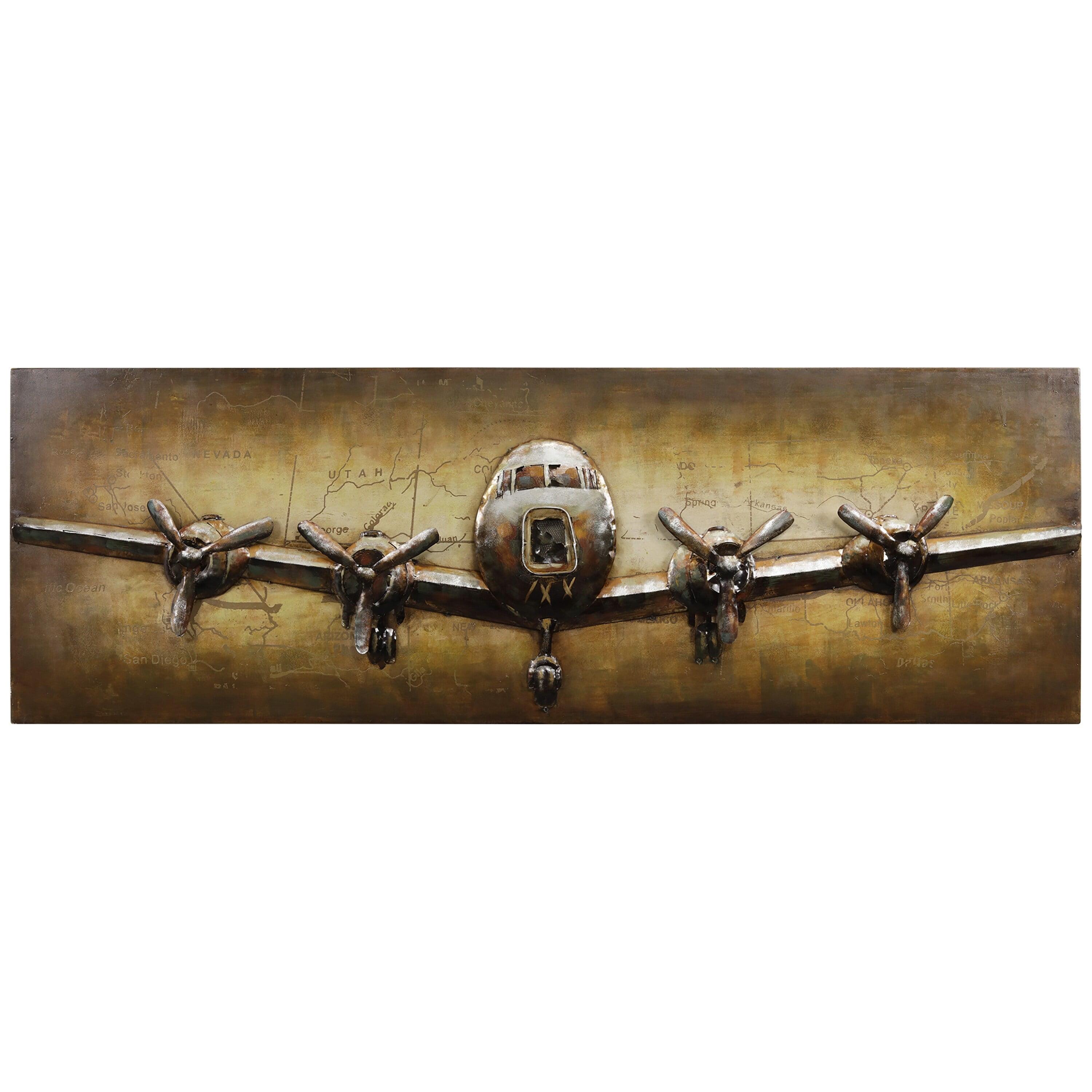 72" Brown and Tan Mixed Media Airplane Metal Wall Art