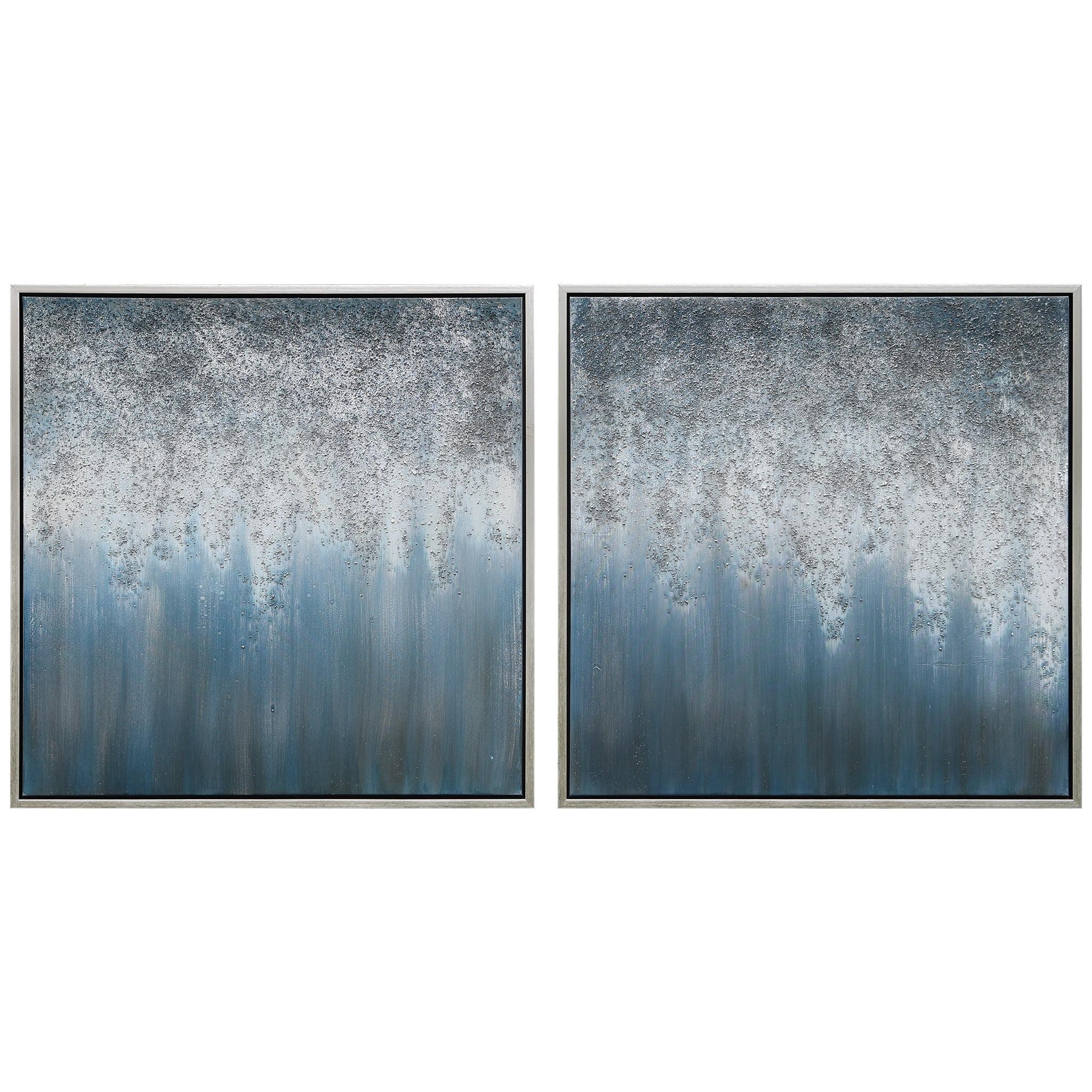 Large Blue and Silver Abstract Canvas Painting with Metallic Accents