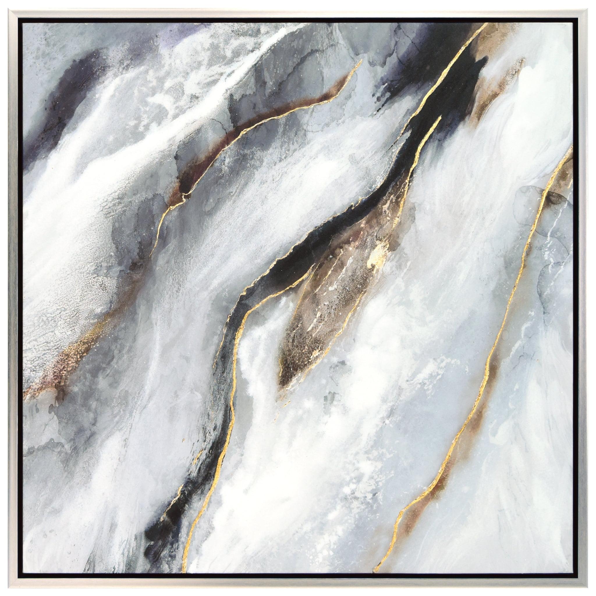 Flood Abstract Black and White Canvas with Gold Leaf and Champagne Frame, 36" x 36"