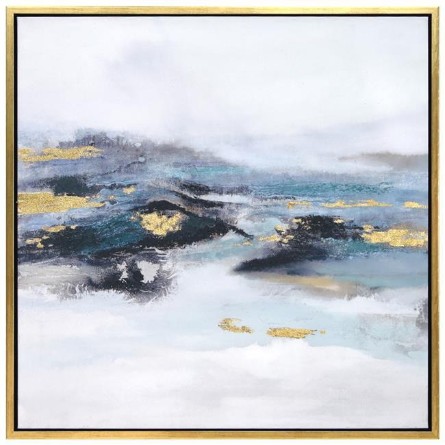 Polar Stream Blue and Gold Abstract Canvas Painting with Gold Frame