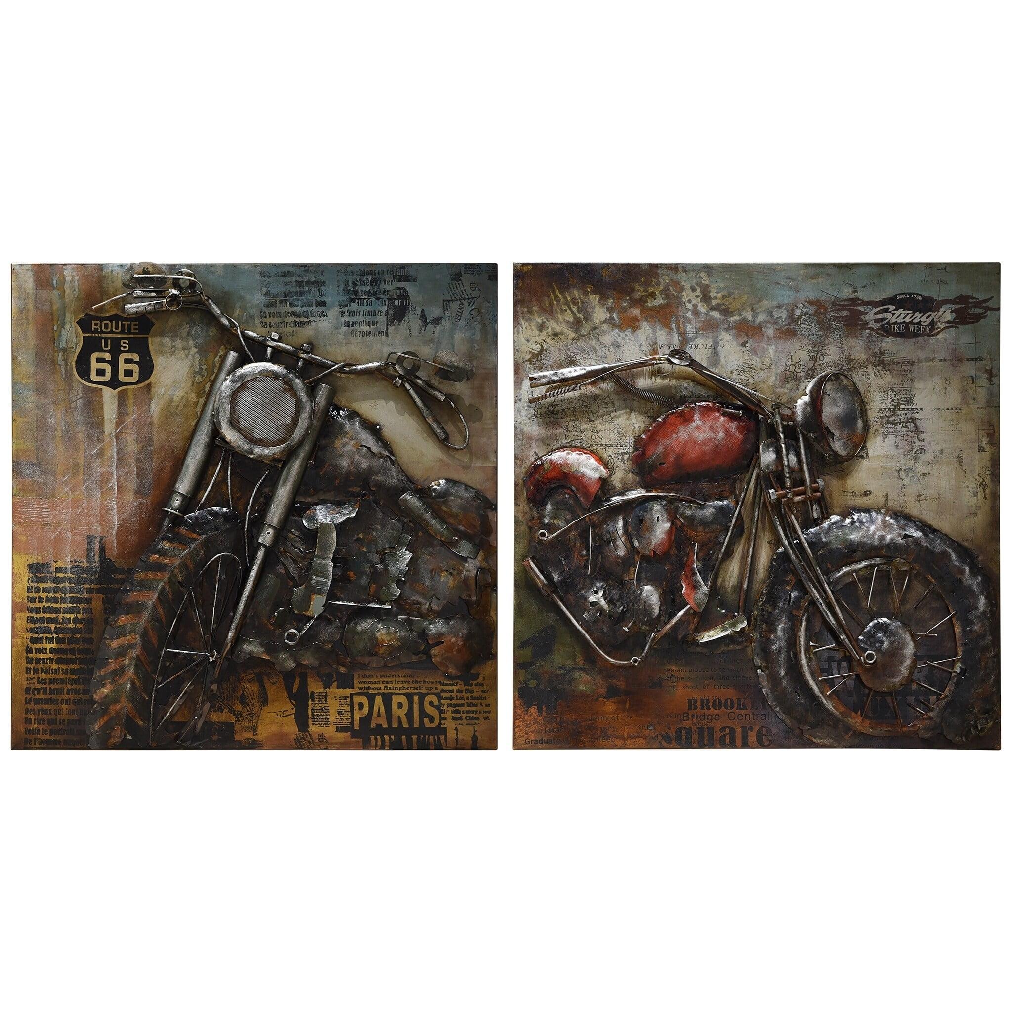Empire Art Direct Motorcycle Mixed Media Iron Hand Painted Dimensional Wall Art Set of 2