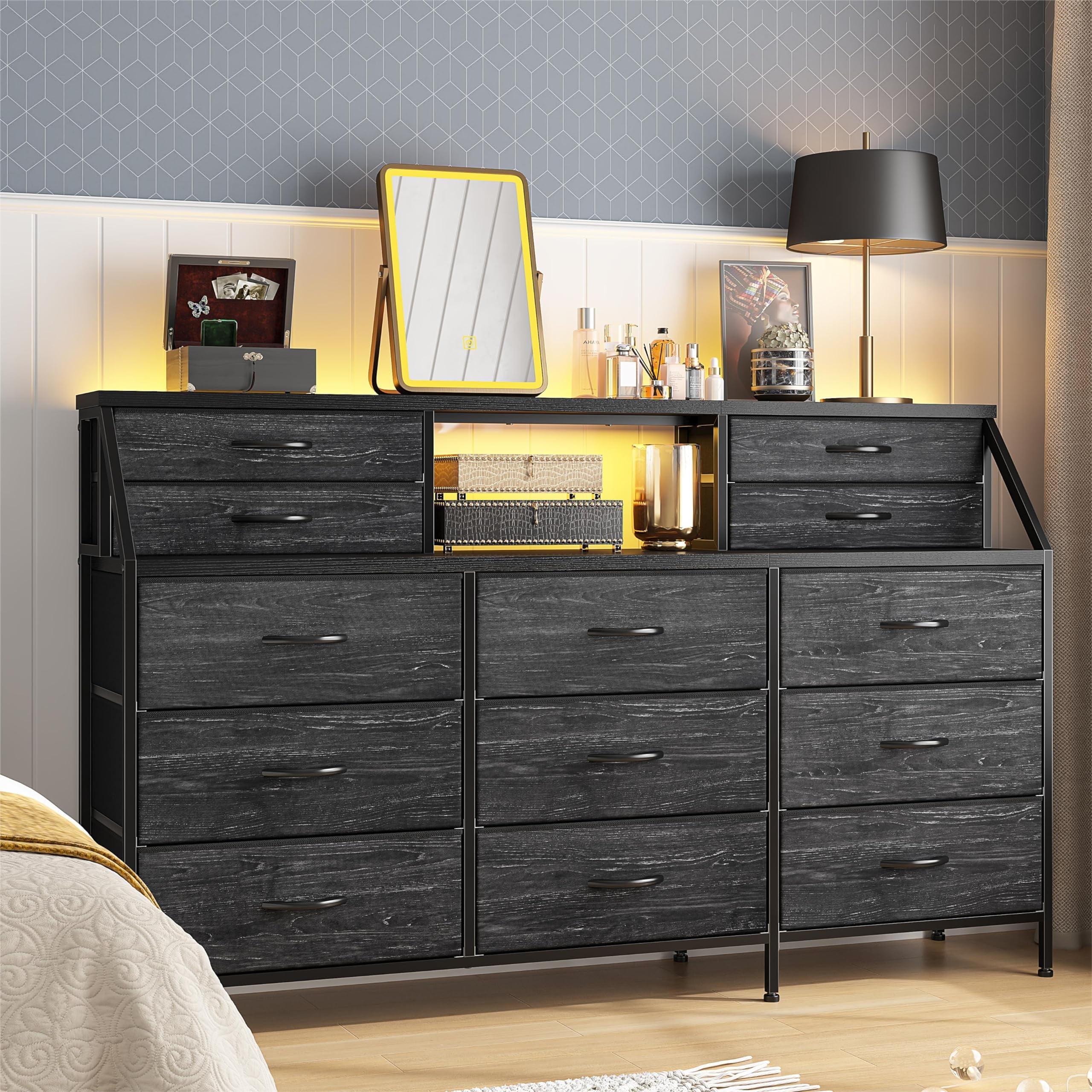 Black Metal and Wood 13-Drawer Dresser with Shelves