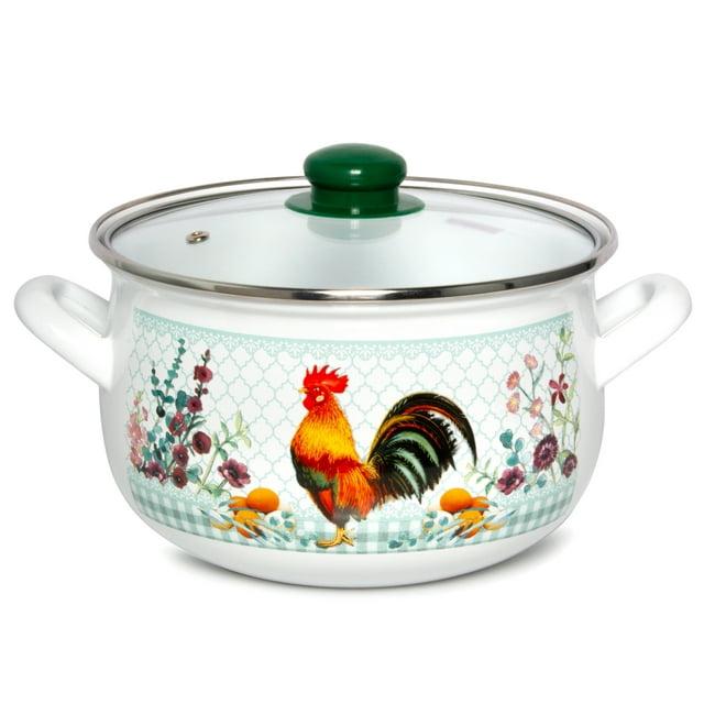 STP Goods Traditional Country Style Enamel Rooster Belly Deep Casserole With Glass Lid