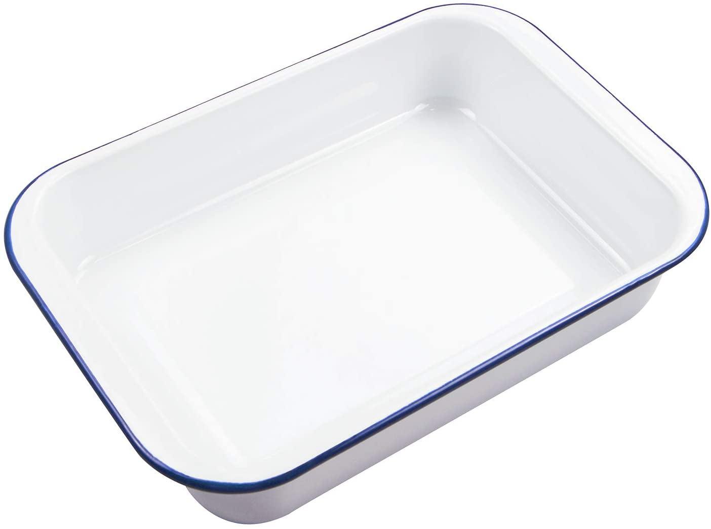 White and Blue Enamel Rectangular Baking Pan with Lid