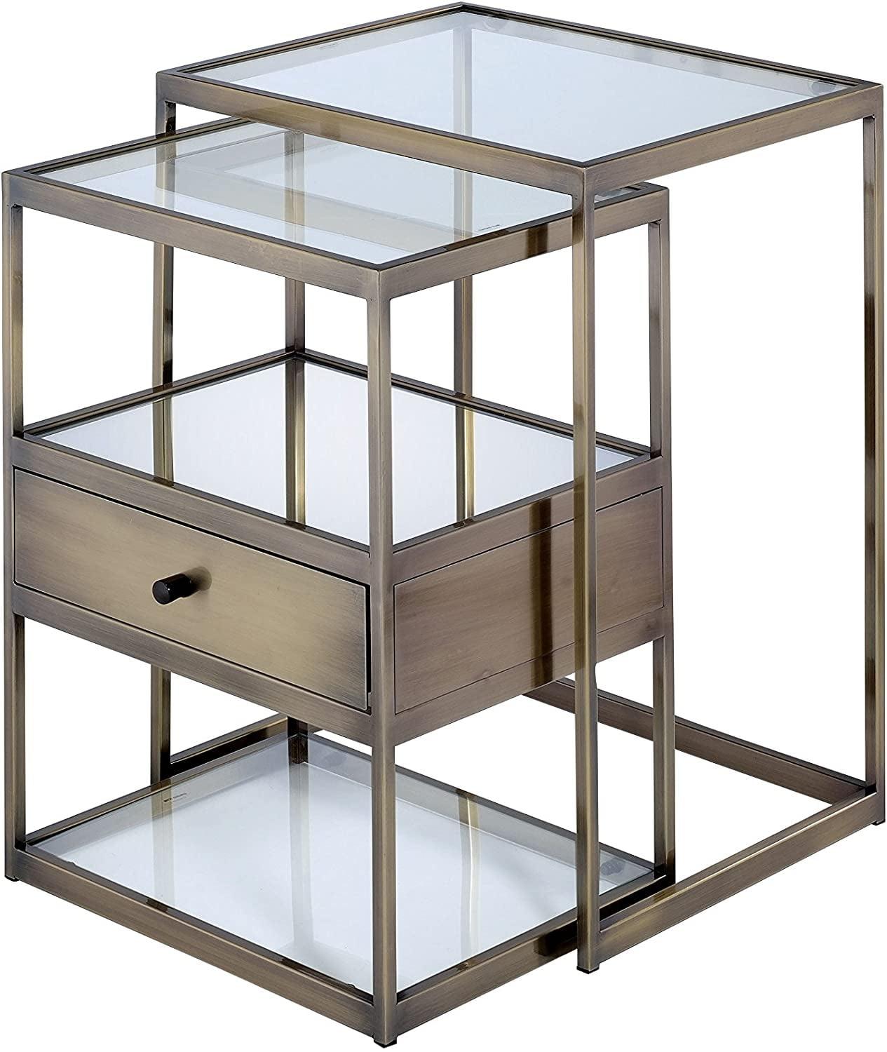 Antique Brass and Clear Glass Nesting Tables with Storage