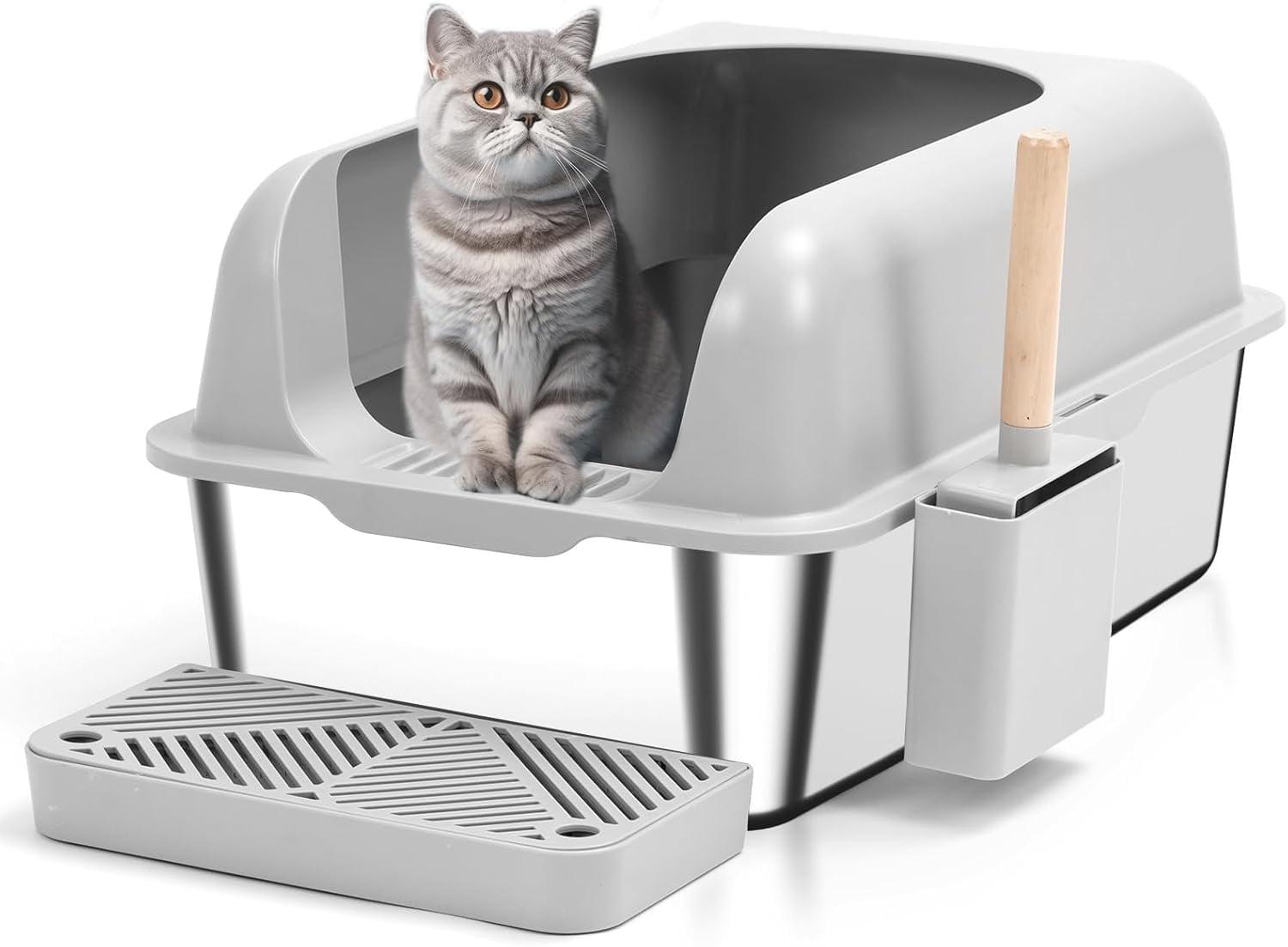 Extra Large Light Grey Stainless Steel Enclosed Cat Litter Box